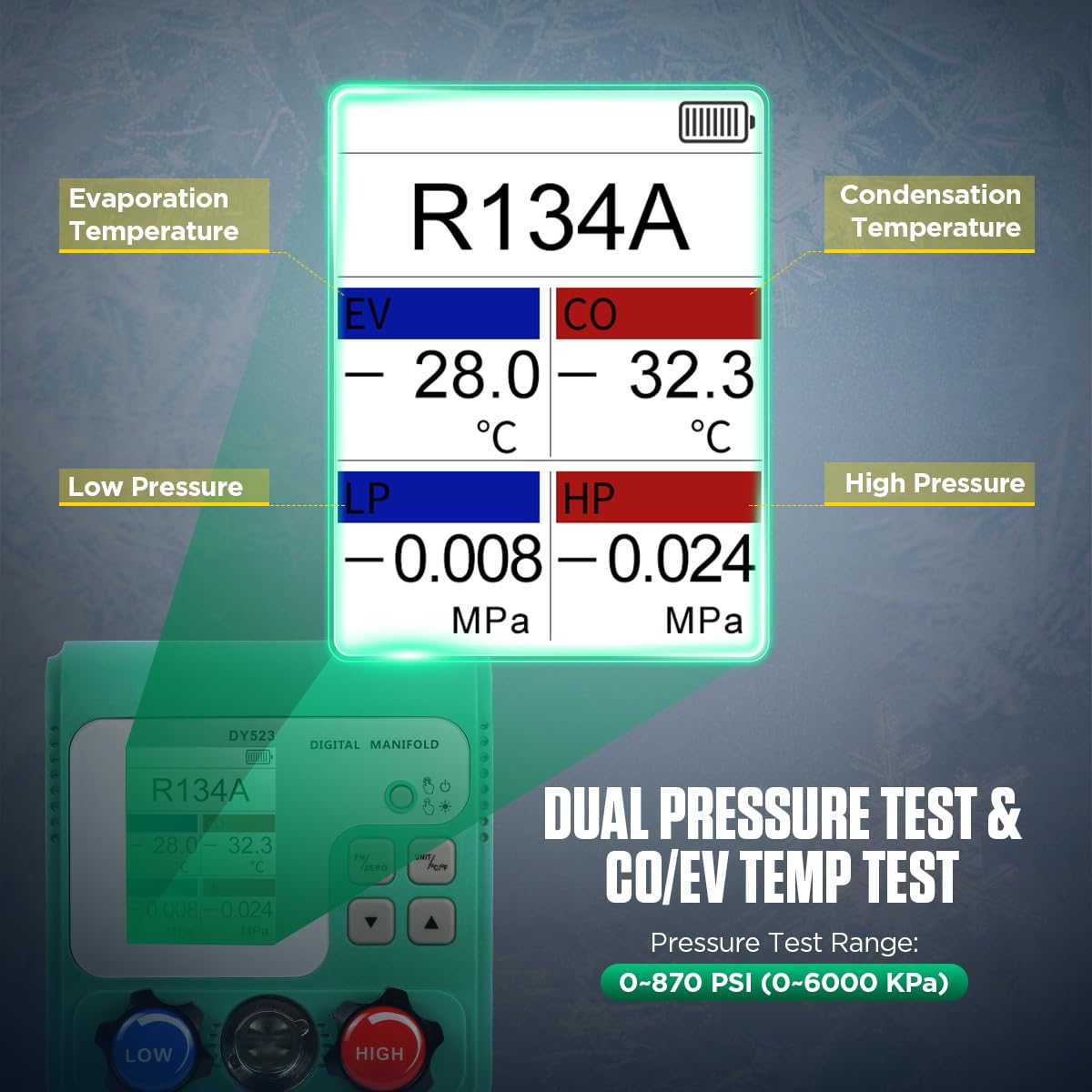 HVAC Gauges, 92 Refrigerant Digital Manifold Gauges HVAC Manifold Gauge Set R134A R410A Gauges AC Gauges Kit with Hose Digital Refrigerant Gauge Pressure Vacuum Test with 2.4" HD Color Display
