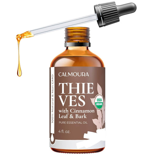 CALMOURA Organic Thieves Oil Essential Oil — USDA Certified Therapeutic Grade — (4 oz | 118 ml) — Based on The Tale of Four Thieves — Five Guards Essential Oil