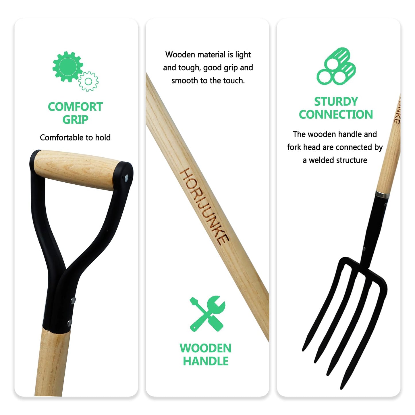 HORIJUNKE Garden Fork,4-Tine Pitchfork,Spading Digging Fork,Forged Steel Y-Grip, Wood Handel,45Inch