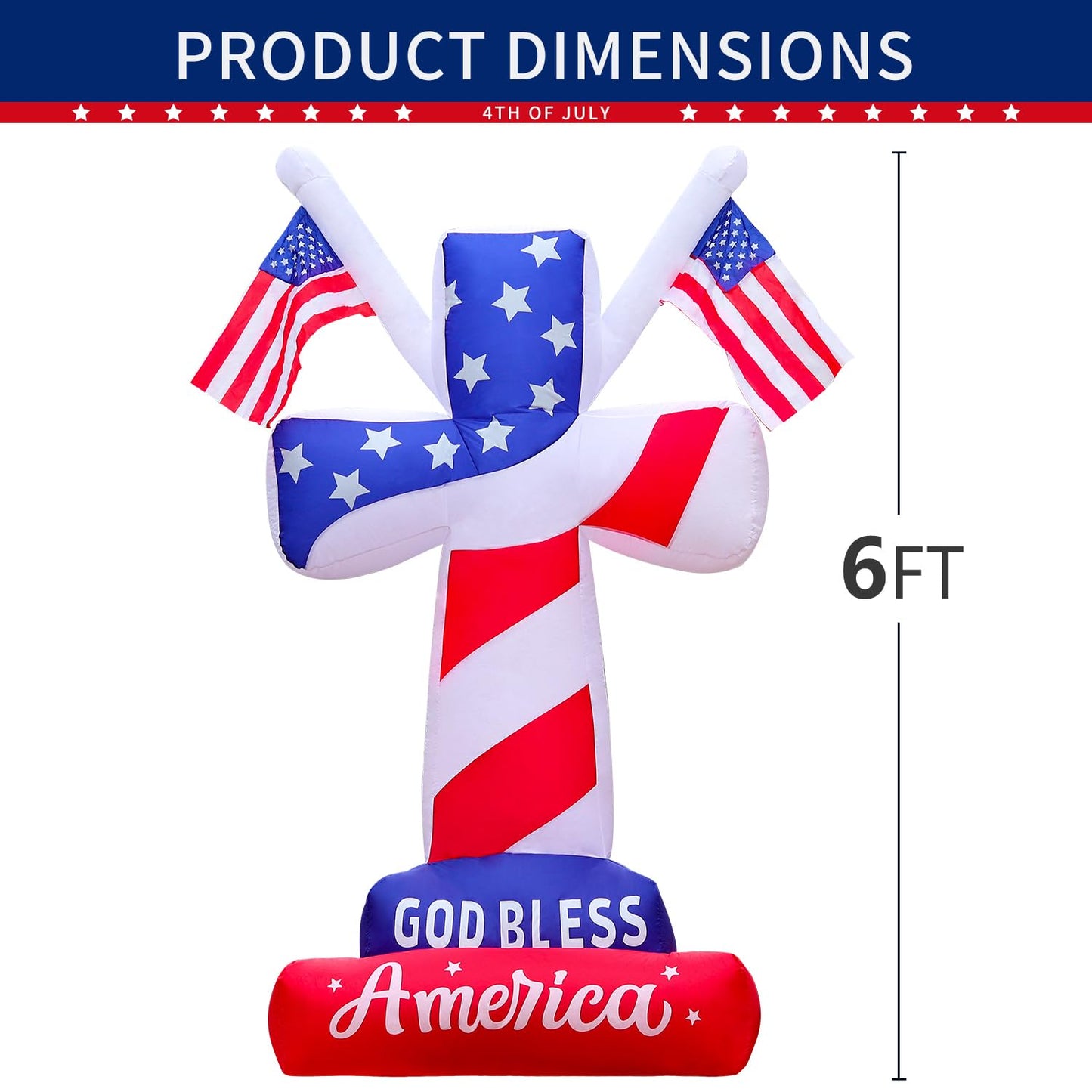 DomKom 6FT Patriotic Independence Day 4th of July Memorial Day Inflatable Outdoor Decoration, Cross with American Flags, LED Lights Holiday Blow Up for Fourth of July Party Garden Yard Lawn Decor