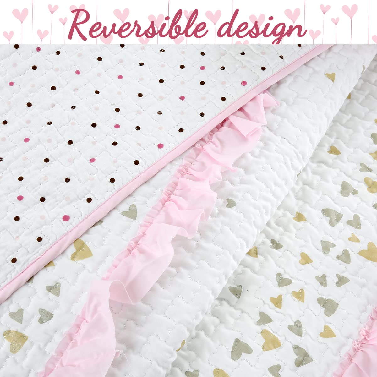 Cozy Line Home Fashions Pink Ruffle Metallic Printed Sweet Heart Polka Dot Girl Cotton Reversible Quilt Bedding Set, Coverlet, Bedspreads (Sparkling Hearts, Twin - 2 Piece)