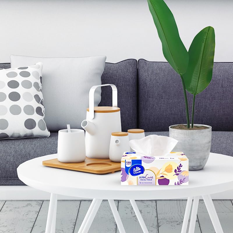 Vinda Premium Soft 3-Ply Ultra Care Facial Tissues, 130 Count Each Box (8 Flat Boxes), Strong & Gentle for Sensitive Skin, Perfect for Home & Office