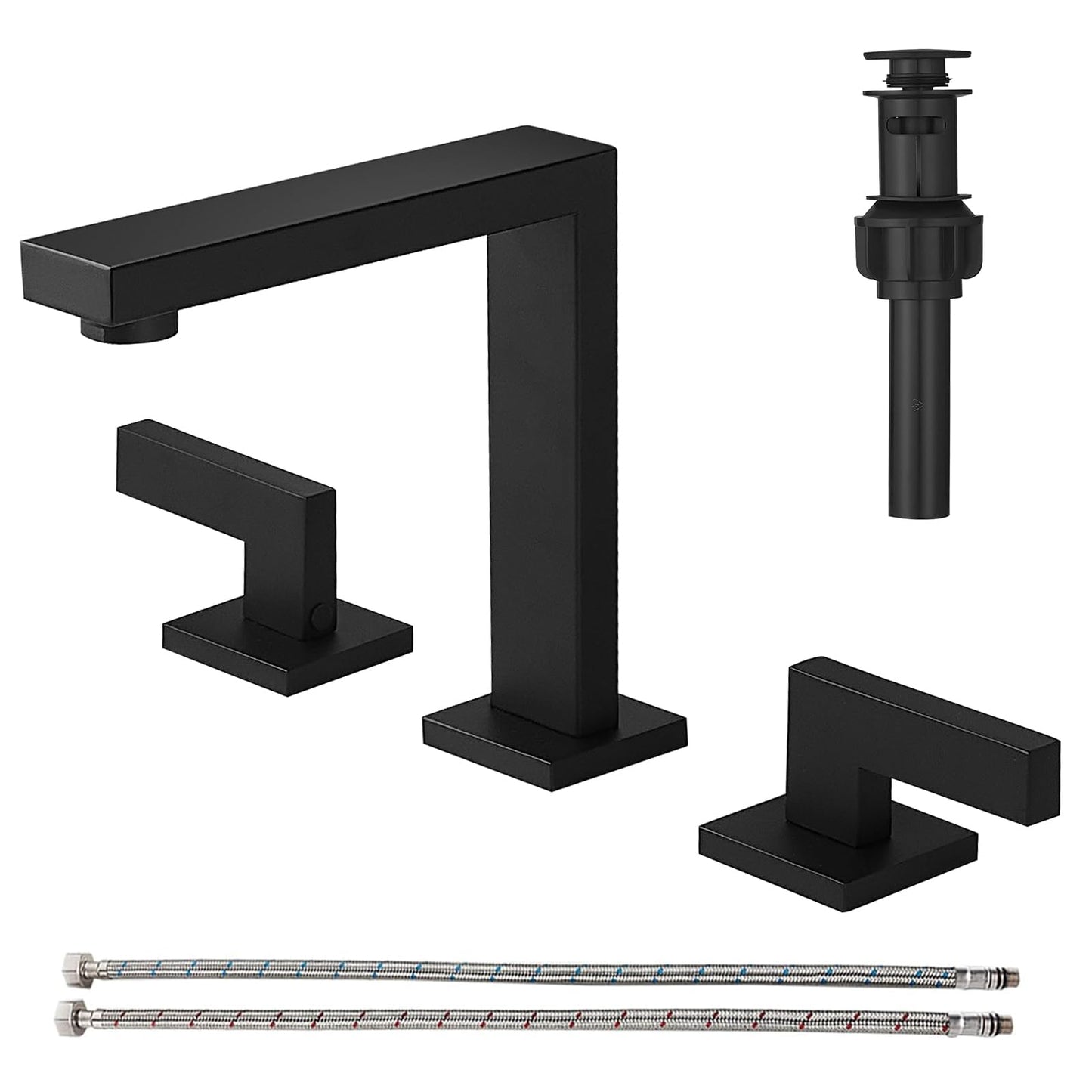 RUMOSE 8 inch Widespread Matte Black Bathroom Faucets for Sink 3 Hole Stainless Steel 2 Handle Lavatory Square Faucet Modern RV Bathroom Faucets with Pop Up Drain Vanity Faucet Deck Mounted