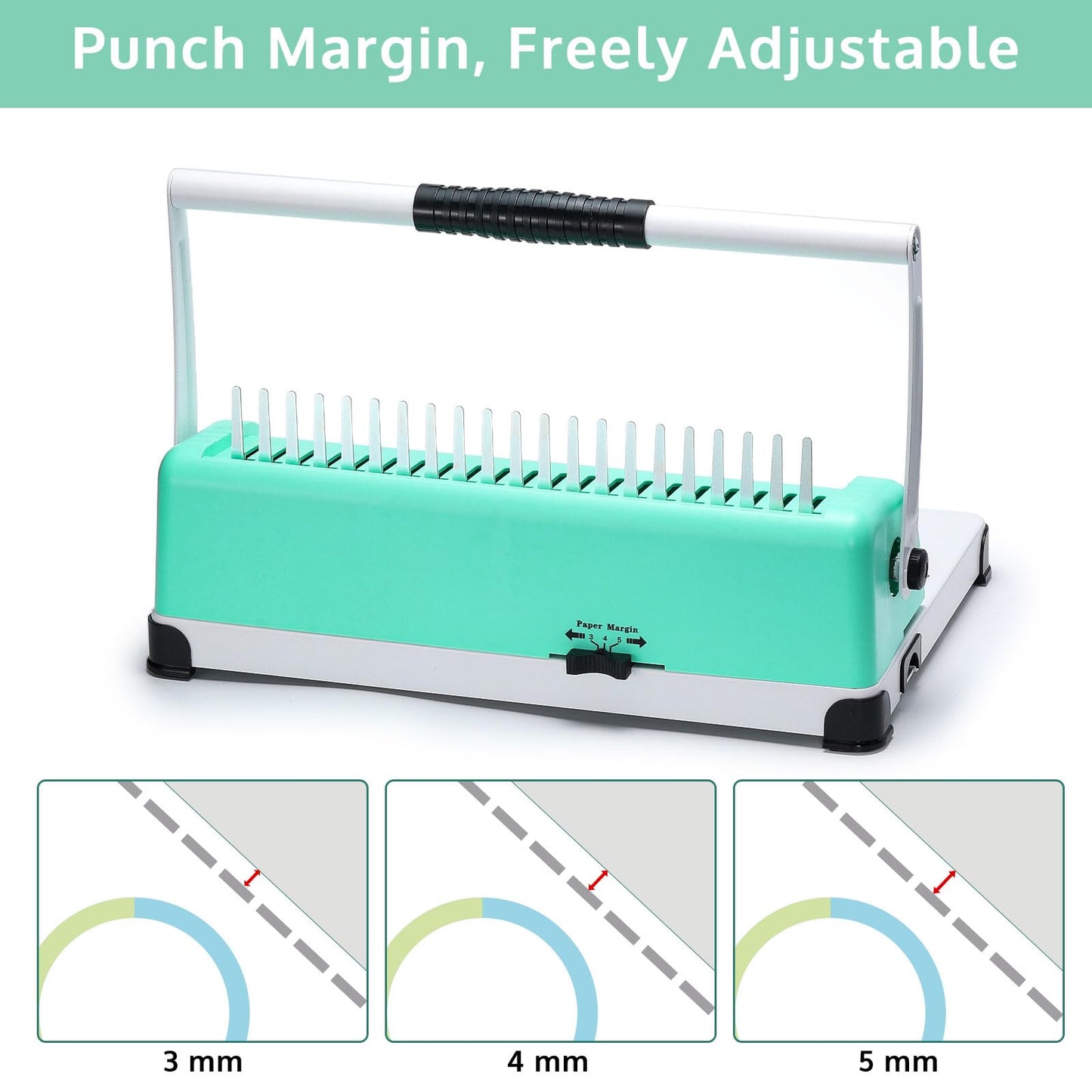 OFFNOVA Binding Machine, 21-Hole 450 Sheets Paper Comb Binding Machine for Letter Size / A4 / A5 Paper, Easy to Punch Handle, Adjustable Margin, Book Binder with 100 PCS 3/8'' Comb Binding Spines