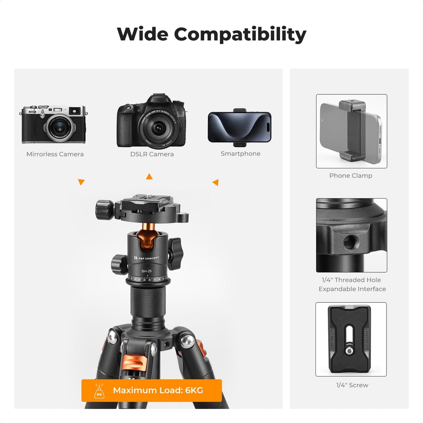 K&F Concept Mini Desktop Tripod, 20.5''/ 52cm Compact Desk Tripod with 360 Degree Ball Head, 1/4 inch Quick Release Plate for Camera Video Camcorder, Load up to 13.22 lbs/6 KG