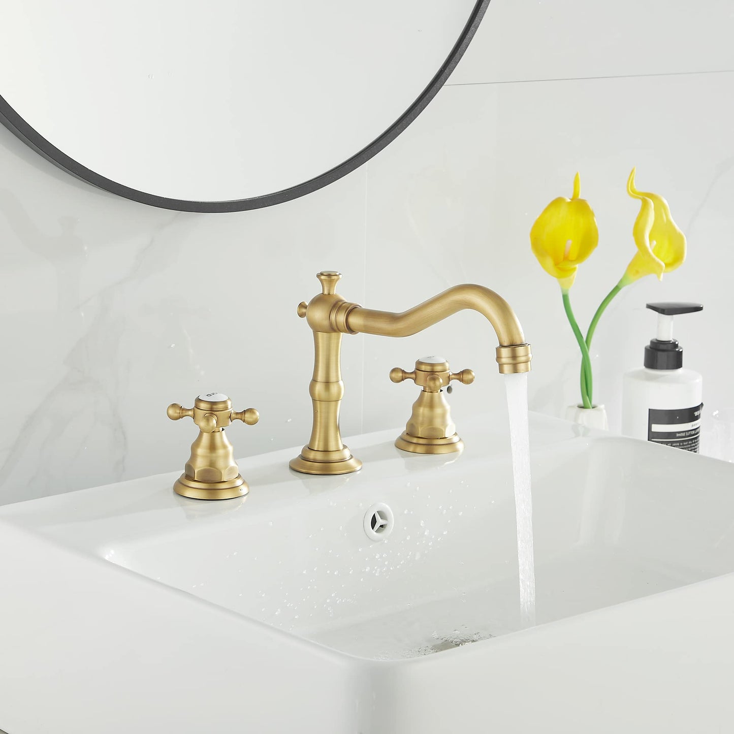 GGStudy 2 Handles 3 Holes Faucet Widespread Bathroom Sink Faucet Antique Brass Basin Tap Mixer Supply Hose Included Matching Metal Pop Up Drain