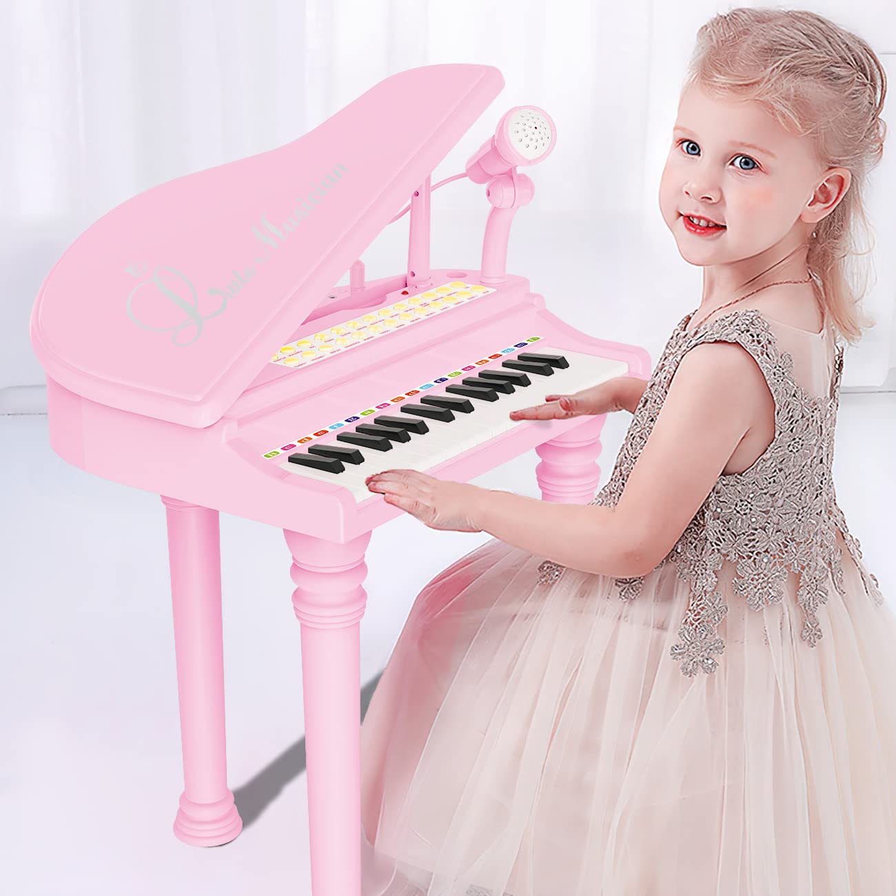 Kids Piano Keyboard Toy, Toddler Electronic Musical Instrument Educational Toy with Microphone, Multiple Sounds, Record Playback, Lights & Stool, Birthday Gift for 3 4 5 6 7 Years Old Girls