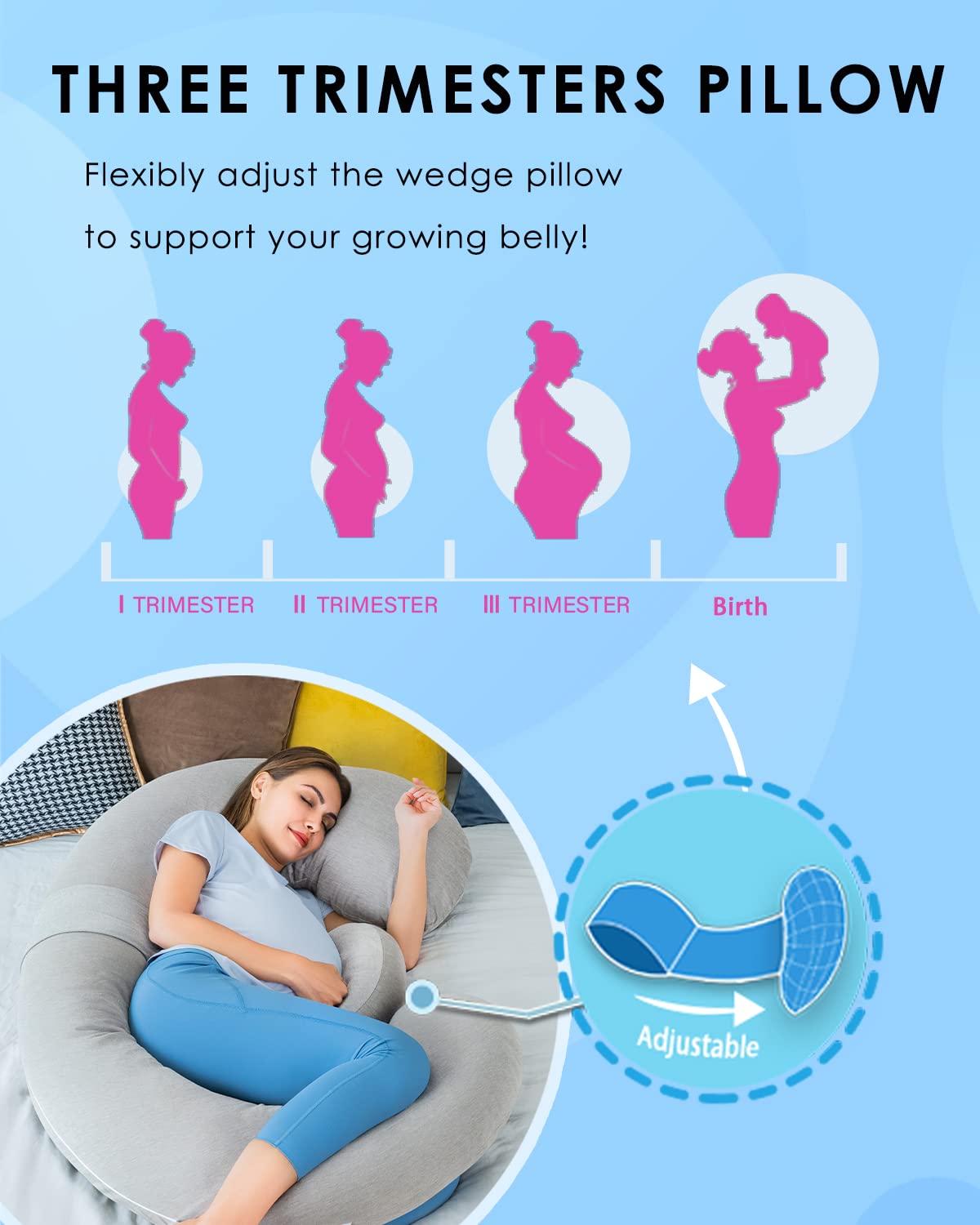 QUEEN ROSE Pregnancy Pillow, E Shaped Body Pillows for Sleeping Support, 60 Inch Maternity Pillow for Pregnant Women with Cooling Silky Cover, Grey