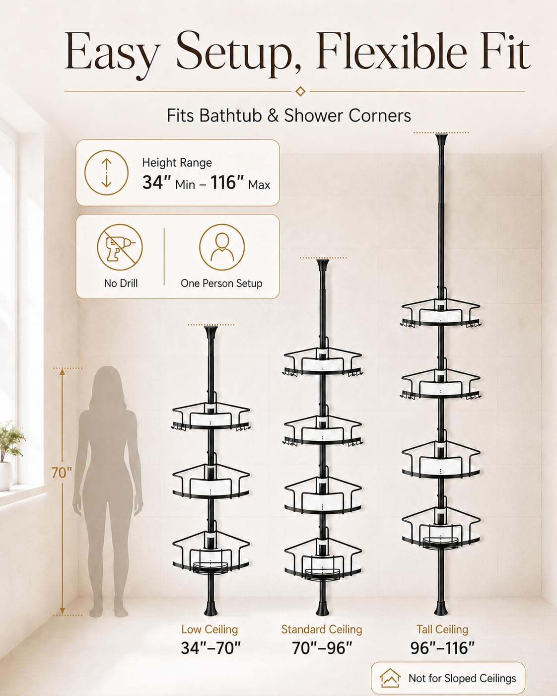 ALLZONE Corner Shower Caddy Tension Pole, 4 Hang-On Basket with Mixed-Height Shelves for Various Bottle Sizes, Extra Hooks & Soap Holder, Rustproof Stainless Steel, Fits 34–116 Inch, Black/White