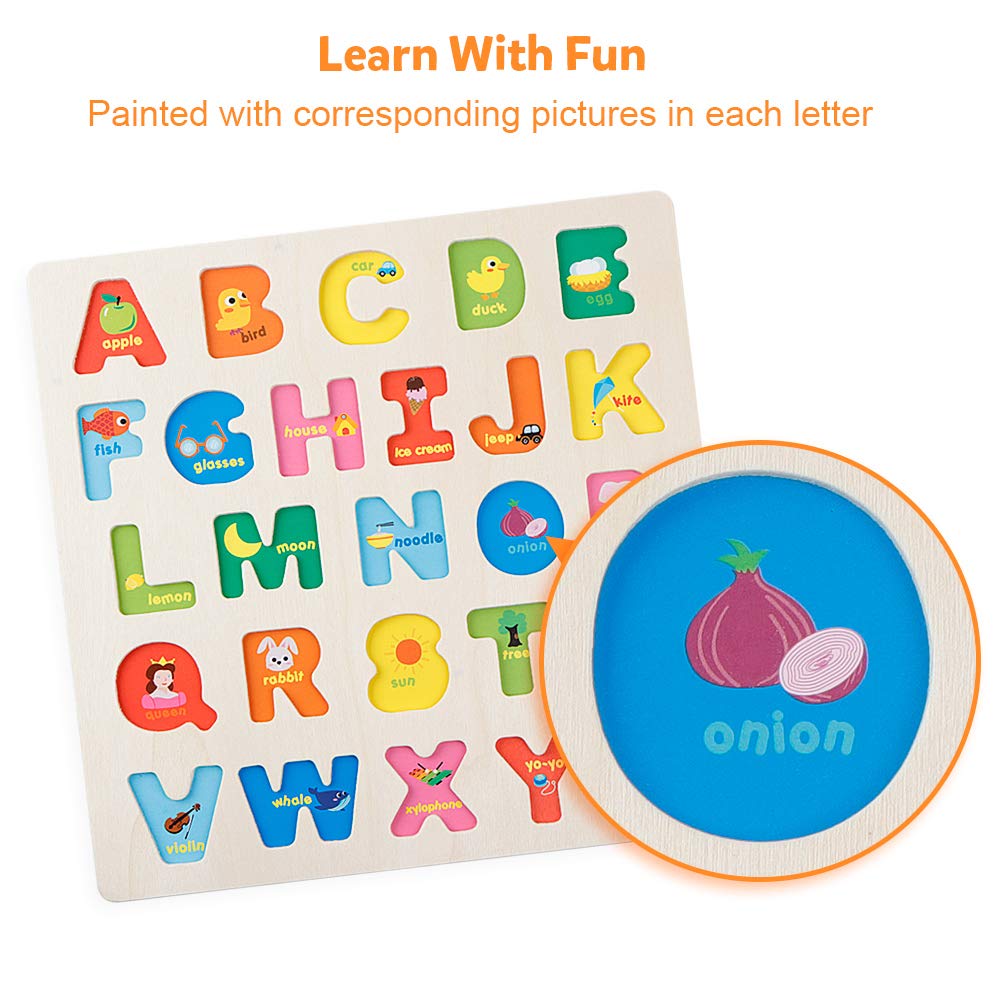 Coogam Wooden Alphabet Puzzle – Letters Peg Board ABC Blocks Matching Game Montessori Jigsaw Early Learning Educational Toy Gift for Children Kids