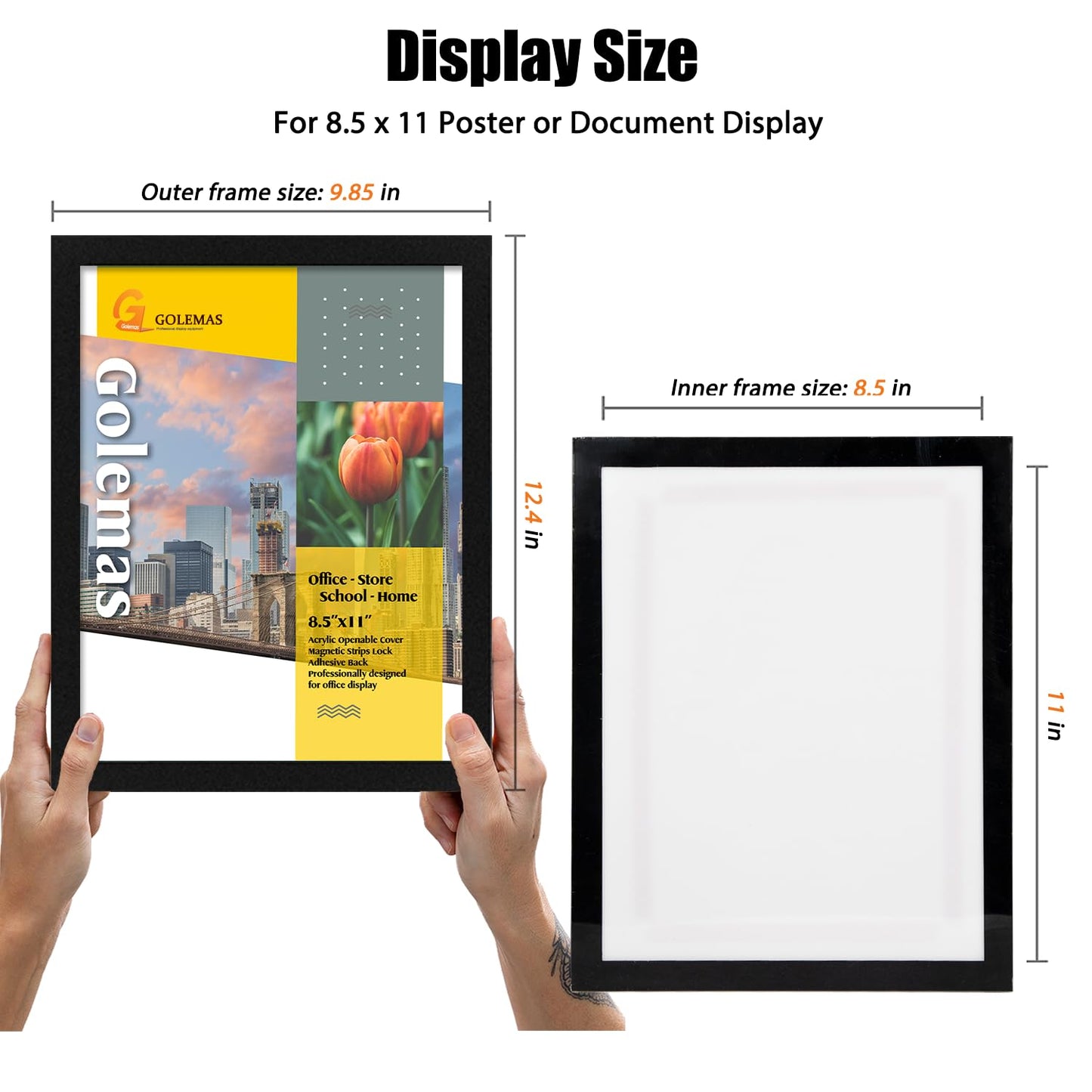 Golemas Acrylic Magnetic Sign Holder, Easy-Opening 8.5 x 11 Wall Mount Display Frames, Self Adhesive Back Plastic Clear Document Frame, Horizontal & Vertical Display (Black, 12Pack)