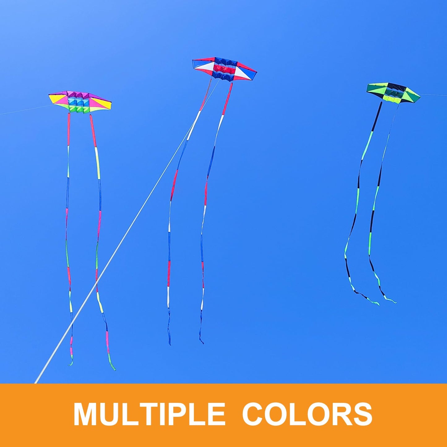 Beach Kites for Adults Large with Long Tail, 98 inches Super Easy Flyer 3D Rainbow Box Kites, Come with 49 Feet Multi Colors Tails x 2, 300 ft Kite String & Handle (Red, White & Blue)