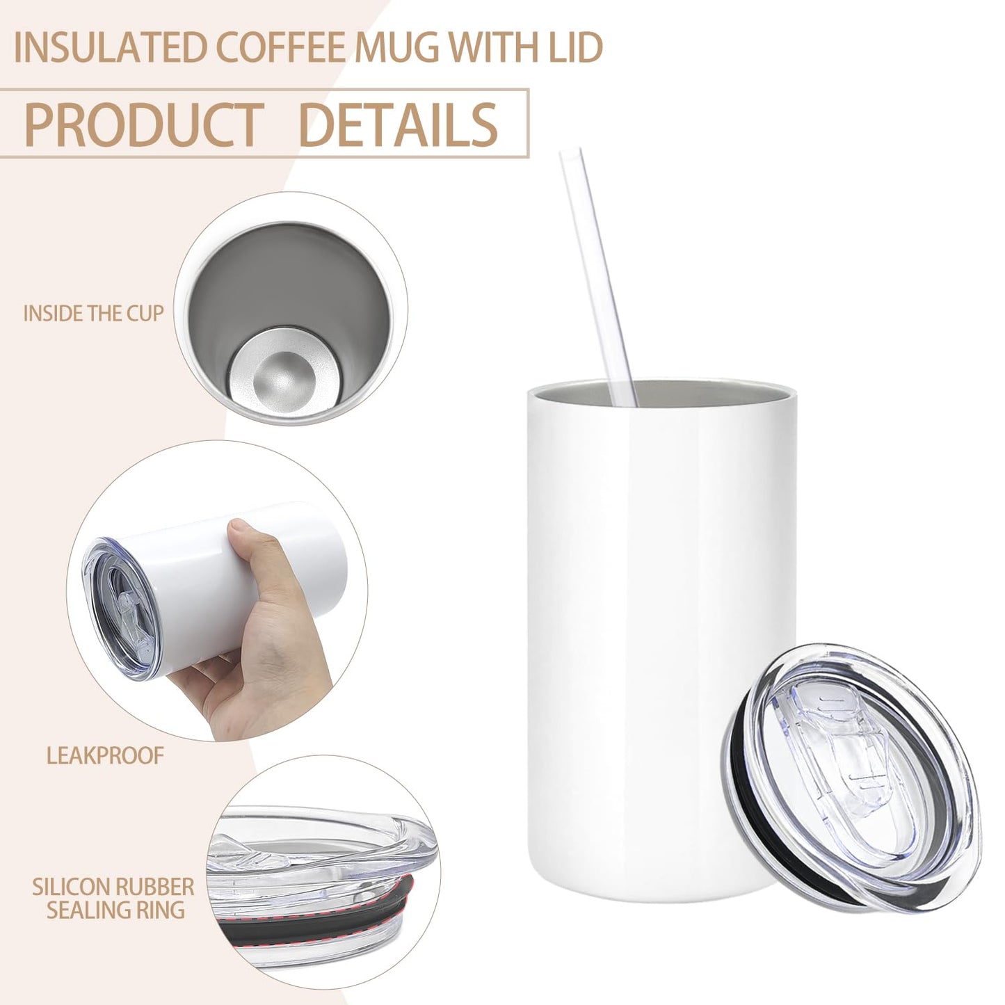 YOUKE OLA 16 Pack Sublimation Tumblers Blanks Bulk Sublimation Cups Skinny Straight Tumbler Stainless Steel Double Wall Insulated Water Bottles with Lid & Straw for DIY Gift, 12oz White