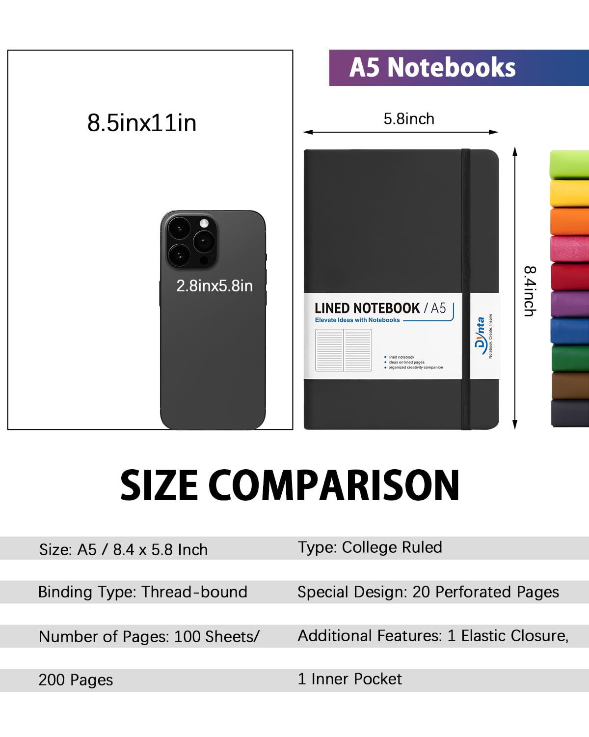 Dynta Hardcover Journal Notebooks, 10 Packs A5 Lined Journals Bulk for Writing 200 Pages/100Sheets, 8.4 x 5.8 inch, 10 Colors Classic Ruled Notebook for Work/Travel/College/Note Taking