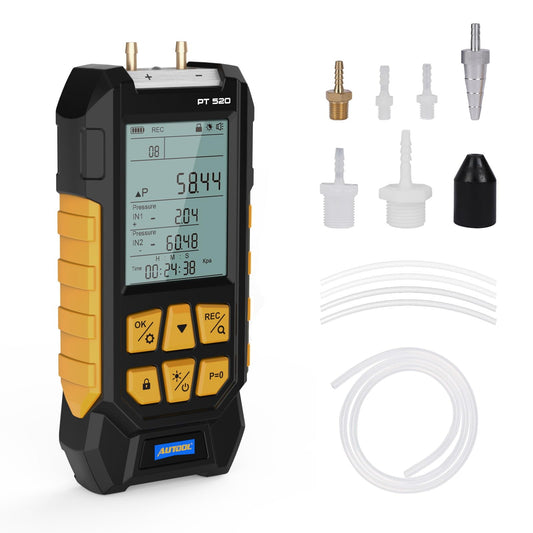 AUTOOL Manometer Gas Pressure Tester,Digital Manometer HVAC,10 Units Differential Dual Port Pressure Gauge -100 to 200Kpa,Data Zeroing with Backlight LCD Display