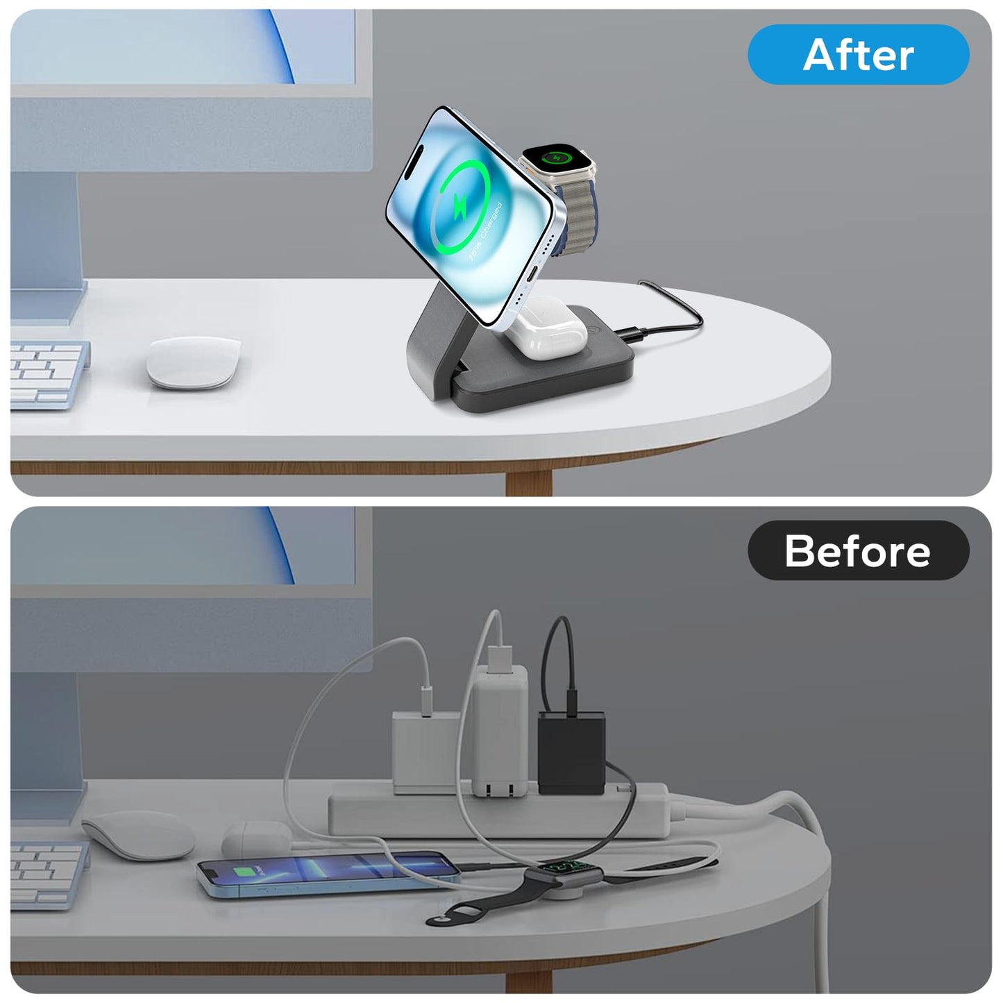 eazpower 3 in 1 Foldable Wireless Charging Station for MagSafe, Travel Magnetic Charger Stand for iPhone 16 15 14 13 Pro Max, Nightstand Charging Dock with Night Light for Apple Watch/AirPods