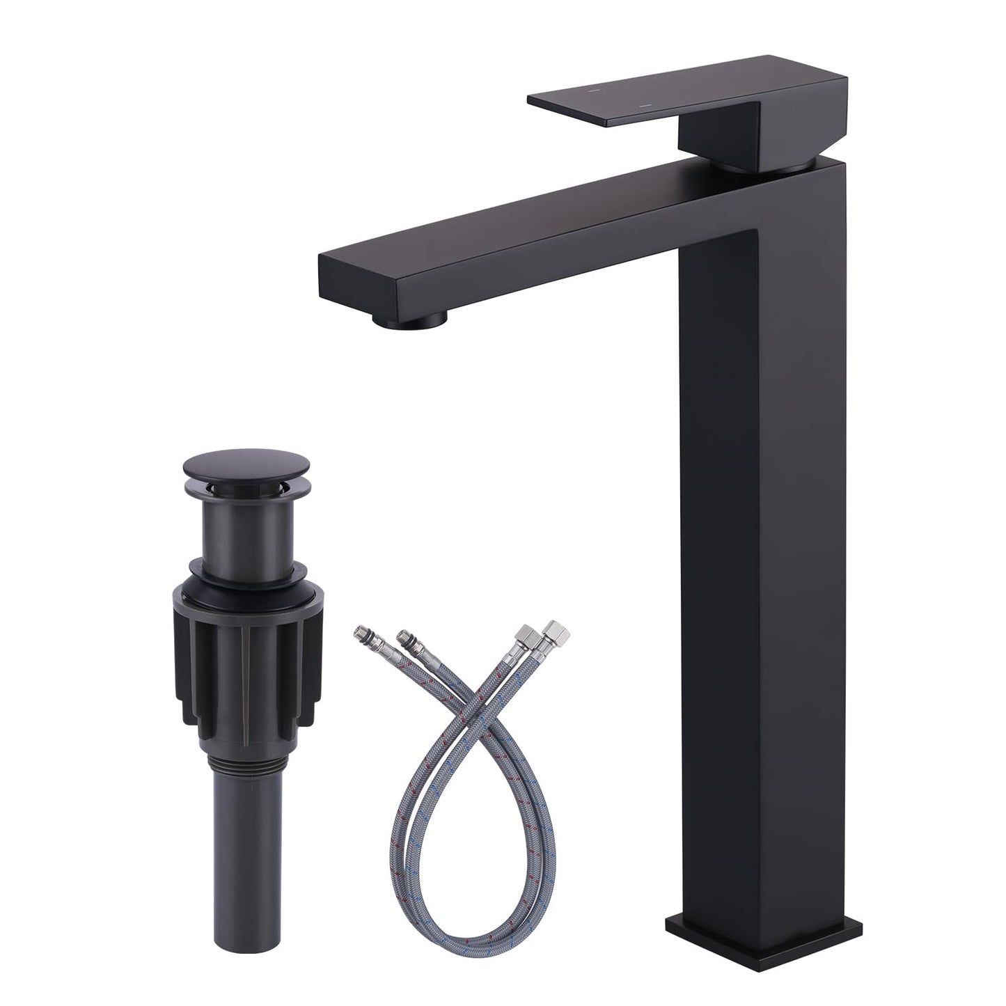 Vessel Sink Faucet Matte Black, ARCORA Single Handle Tall Bathroom Faucet, Single Hole Lavatory Vanity Mixer Tap with Pop Up Drain and Faucet Supply Lines