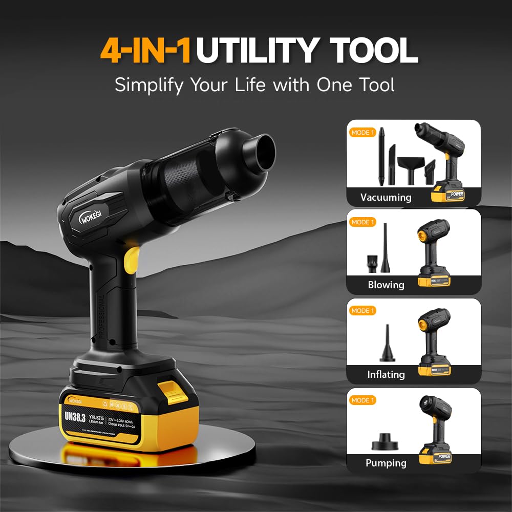 WOKEGI Handheld Car Vacuum Cordless, Portable Cars Vacuum Cleaner with 40000Pa High Power & Suction, Powerfull 4-in-1 Hand Held Air Duster Fast Cleaning for Car,Home,Office,Pet Hair (Yellow)