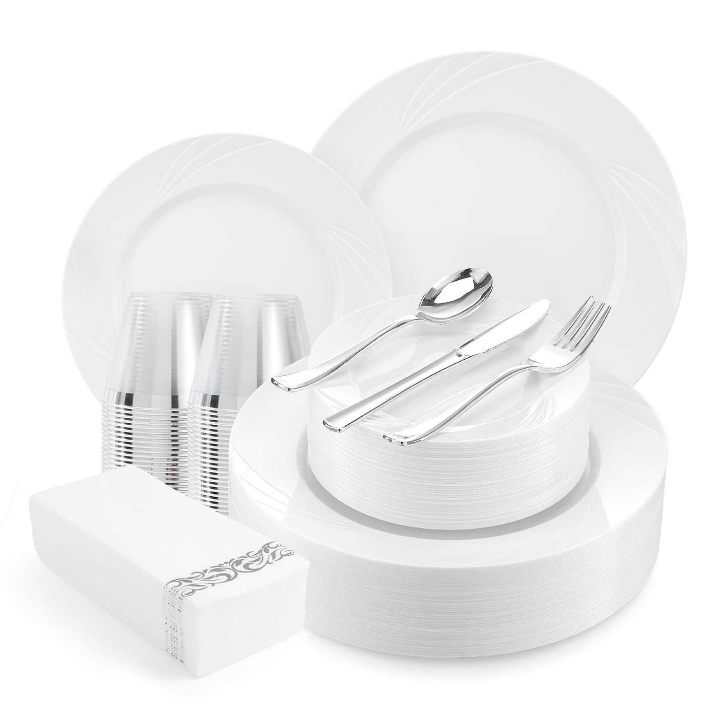 VajilaPhil 350-Piece White Swirls Plastic Dinnerware Set for 50 Guests, Elegant Disposable Dinnerware for Party, Wedding. Includes 10.25" Dinner Plates, 6.5" Dessert Plates, Silverware, Napkins, Cups