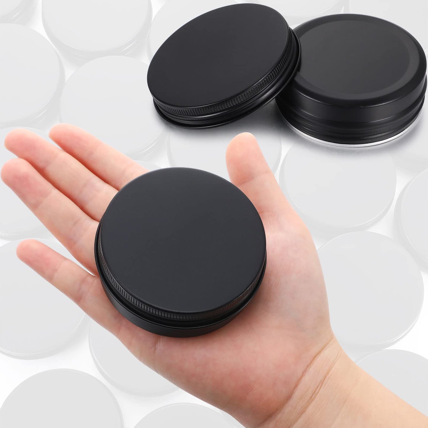 Patelai 64 Pieces Lip Balm Tin Containers Screw Top Round Tin Cans Aluminum Tin Jar with Screw Lid, Empty Bottle Travel Cosmetic Sample Tin Cans Container for DIY(Matte Black, 2 oz)