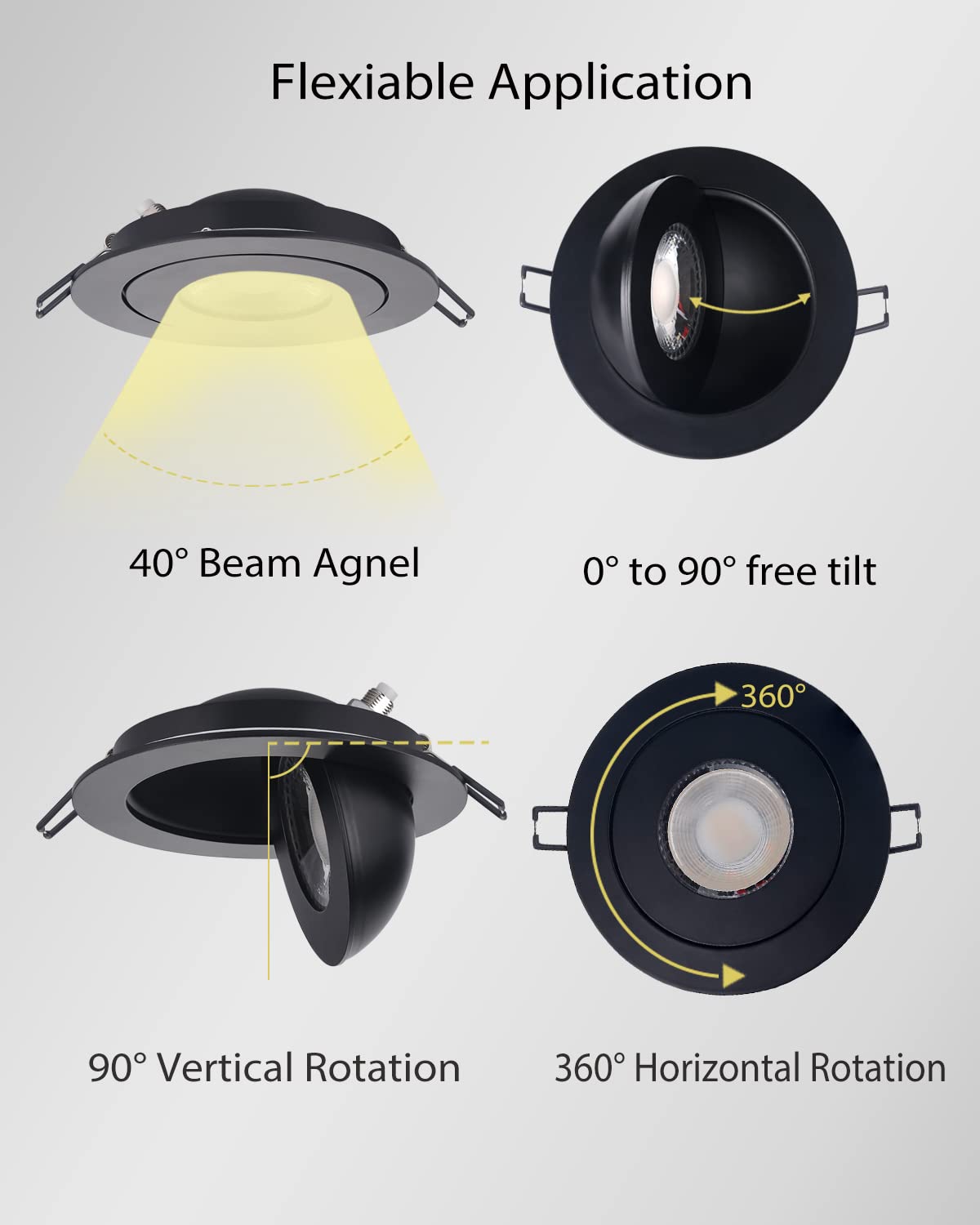 POPANU Gimbal LED Recessed Light - 4 Inch Black 9W 360° Rotation Directional Adjustable Eyeball Sloped Ceiling Recessed Lighting 4 inch Light Wafer Soffit Indoor Spotlight Canless Black 4 inch 6 Pack