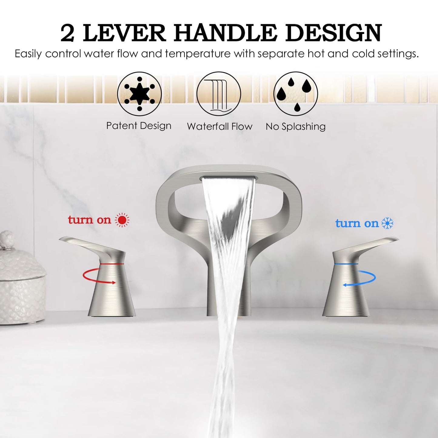 Bathroom Faucets for Sink 3 Hole, Bezeit 8 Inch Brushed Nickel Bathroom Faucet, Solid Brass Widespread Bathroom Faucet with Adjustable Waterfall Spout 2 Handles and 2 Supply Hoses