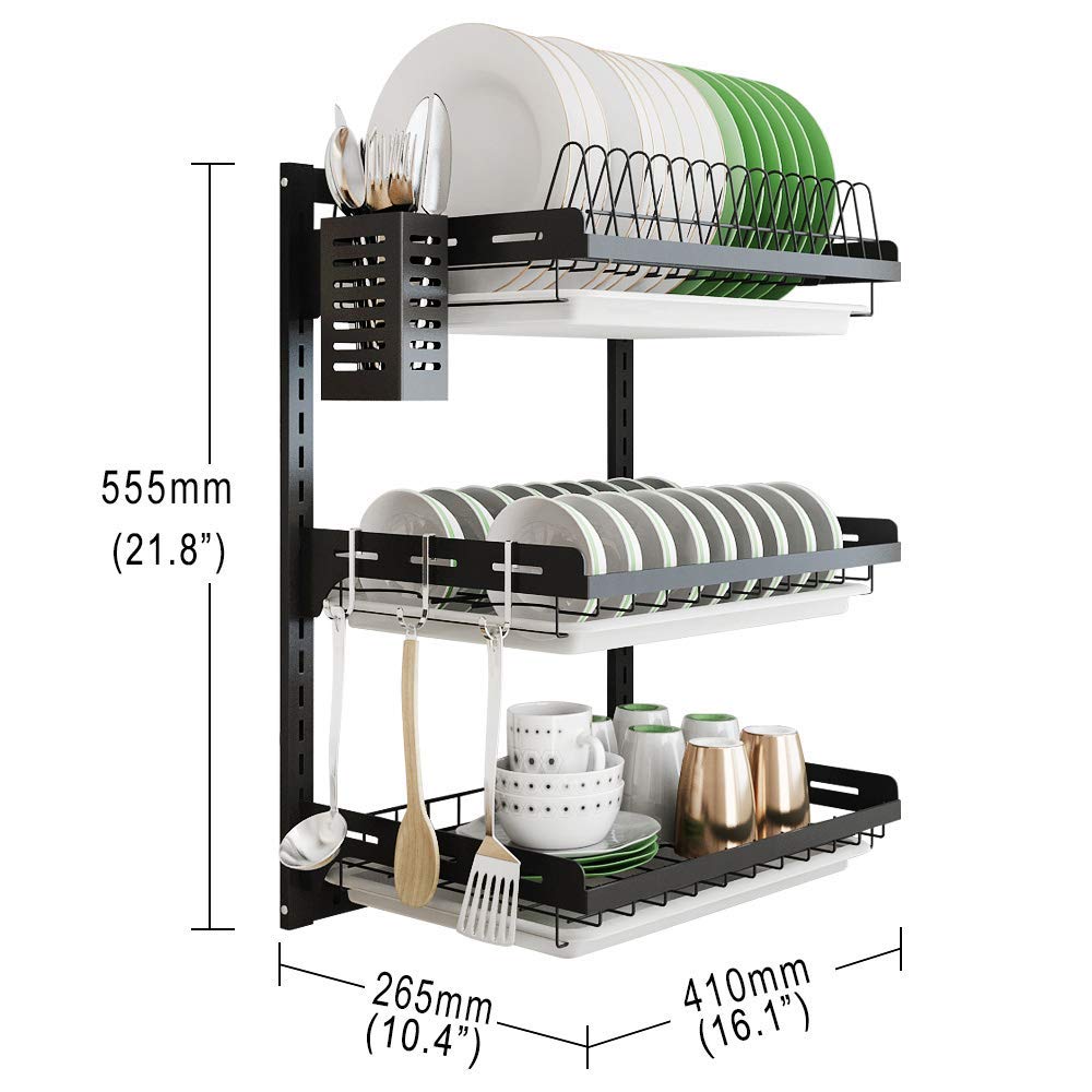 junyuan Hanging Dish Drying Rack Wall Mount,Dish Racks Drainer,3 Tier Kitchen Plate Organizer Storage Shelf with Drain Tray with 3 Hooks,Stainless Steel Black Large Ajustable Height