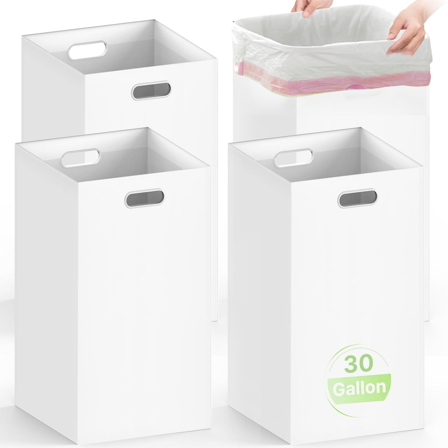 4 Pack Disposable Trash Cans for Parties, 30 Gallon Large Collapsible Garbage Cans with Handle, Thick Recycled Cardboard Recycling Bins for Party Events Camping (30" H x 14" W x 14" D), White
