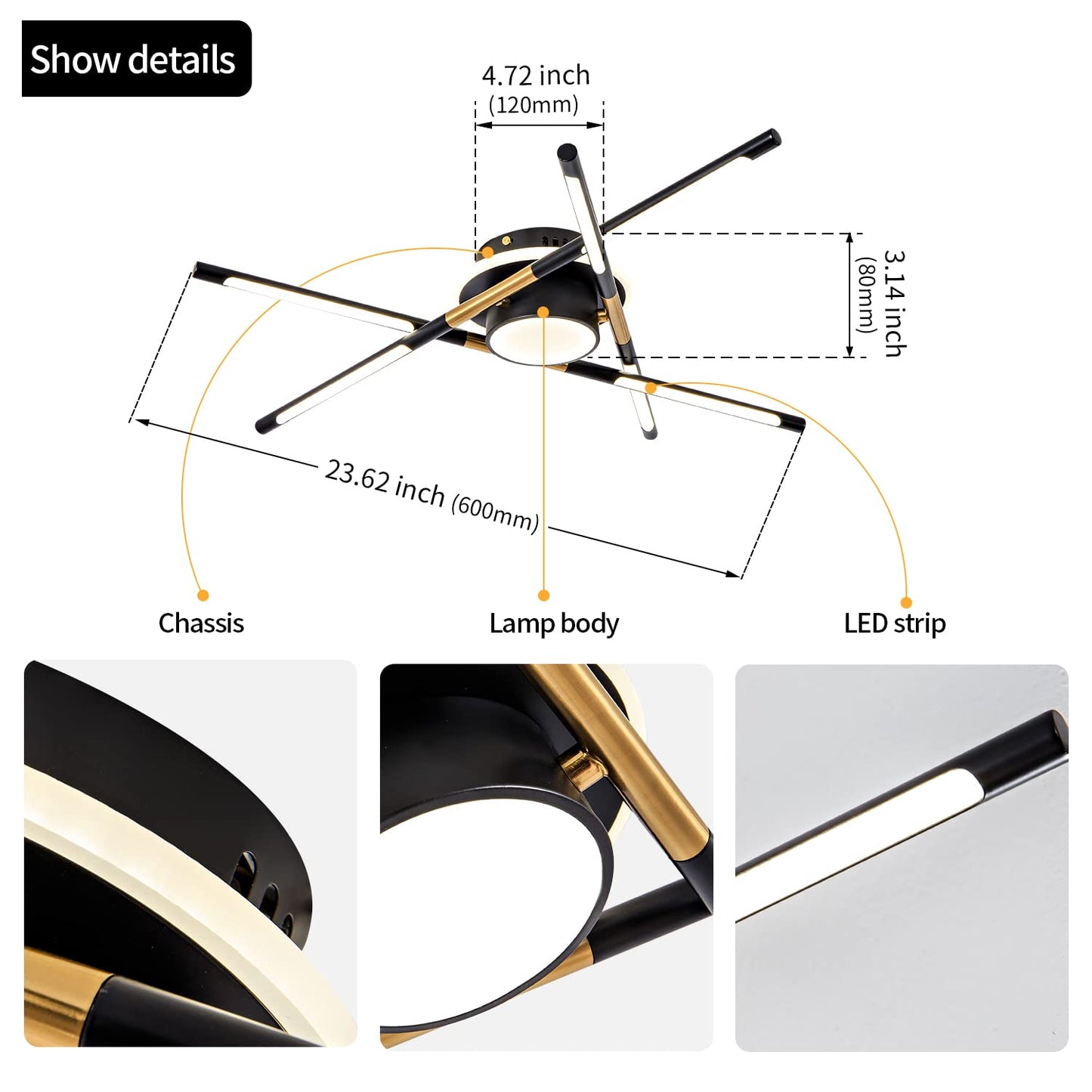 LED Ceiling Light Fixture Modern Black and Gold Industrial Sputnik Ceiling Light Decorative Lighting Dining Room Living Room Bedroom Light 23.6 inch 4000K