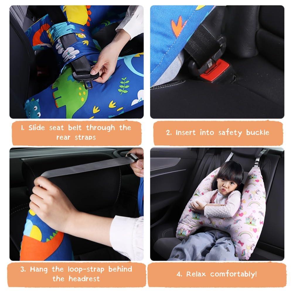 eaonitu Travel Pillow Car Cushion for Kids 6 Years Old+ Shoulder Neck Back Support & Seat Belt Comfort, Road Trip Cozy Sleeping Gift for Young Travelers, Parents, Families, Baby Shower (Dinosaur Blue)
