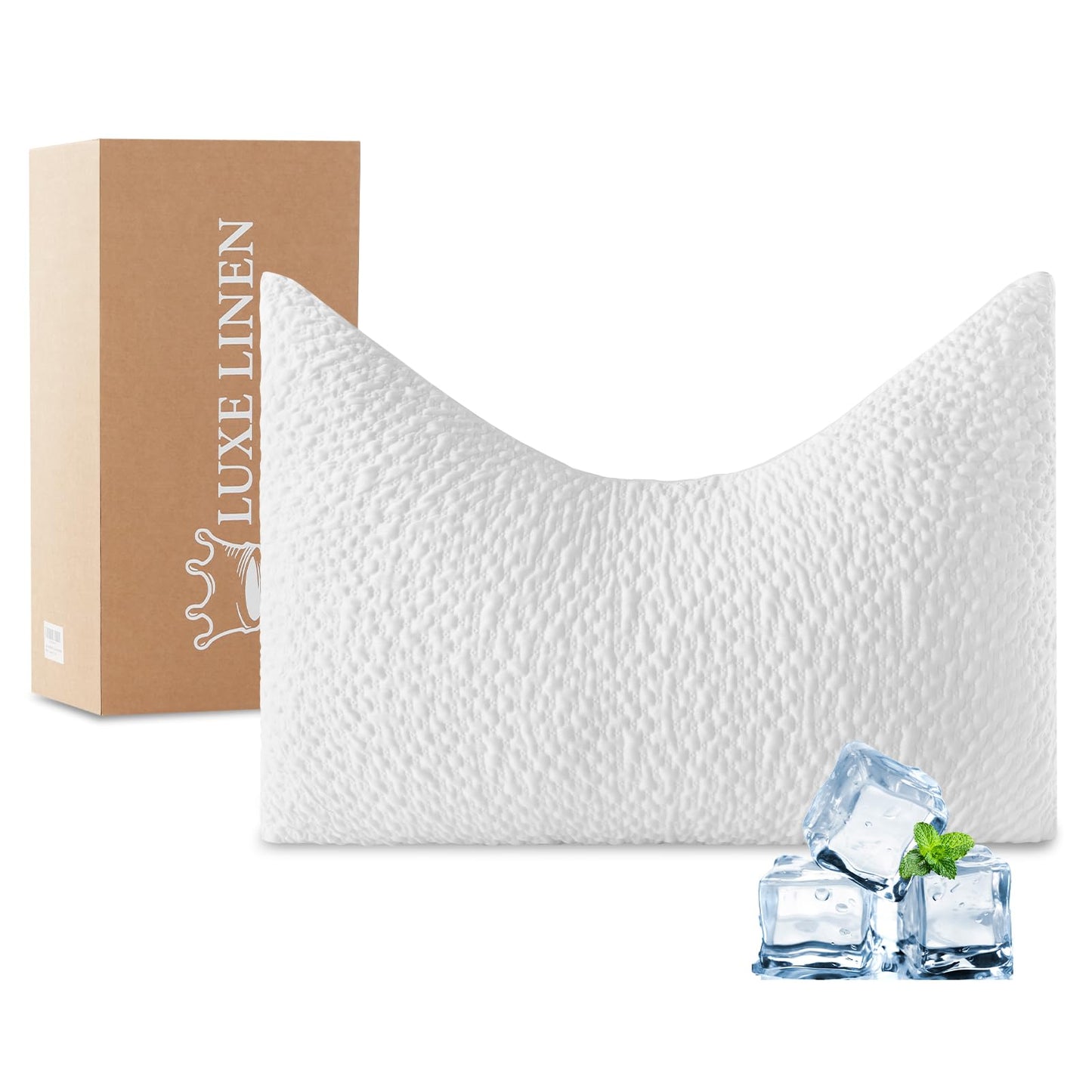 Cooling Side Sleeper Pillow for Neck and Shoulder Support, Ergonomic Curved Crescent Gusseted Luxury Shredded Memory Foam( CertiPUR-US Certified ) with Extra Fill, Cool & Soft Cover, White Standard