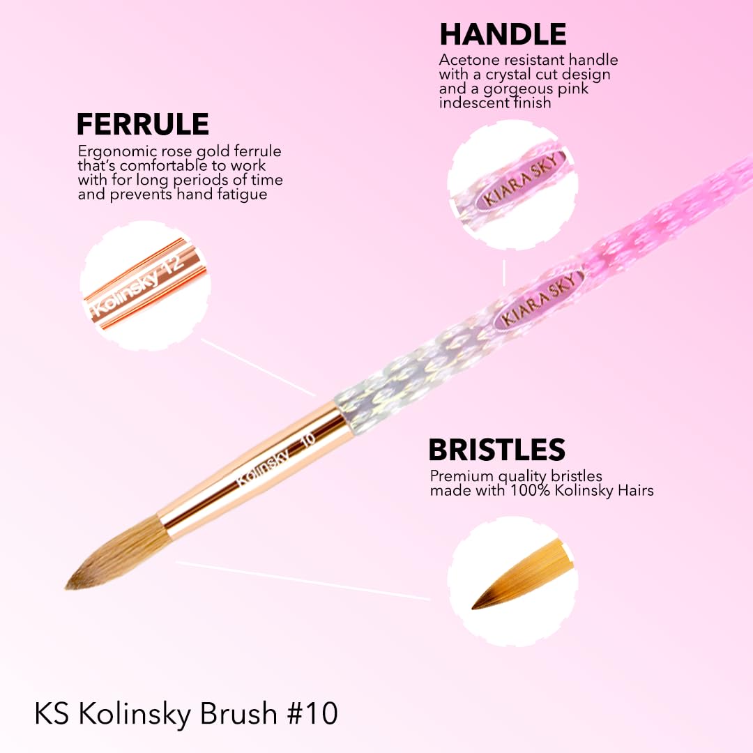 Kiara Sky Pink Crystal Acrylic Nail Brush - Professional Nail Cleaner Tool - Nail Kolinsky Brush for Women - 100% Kolinksy Hand Crafted Nail Tools - Long Lasting Nail Cleaning Brush, #10