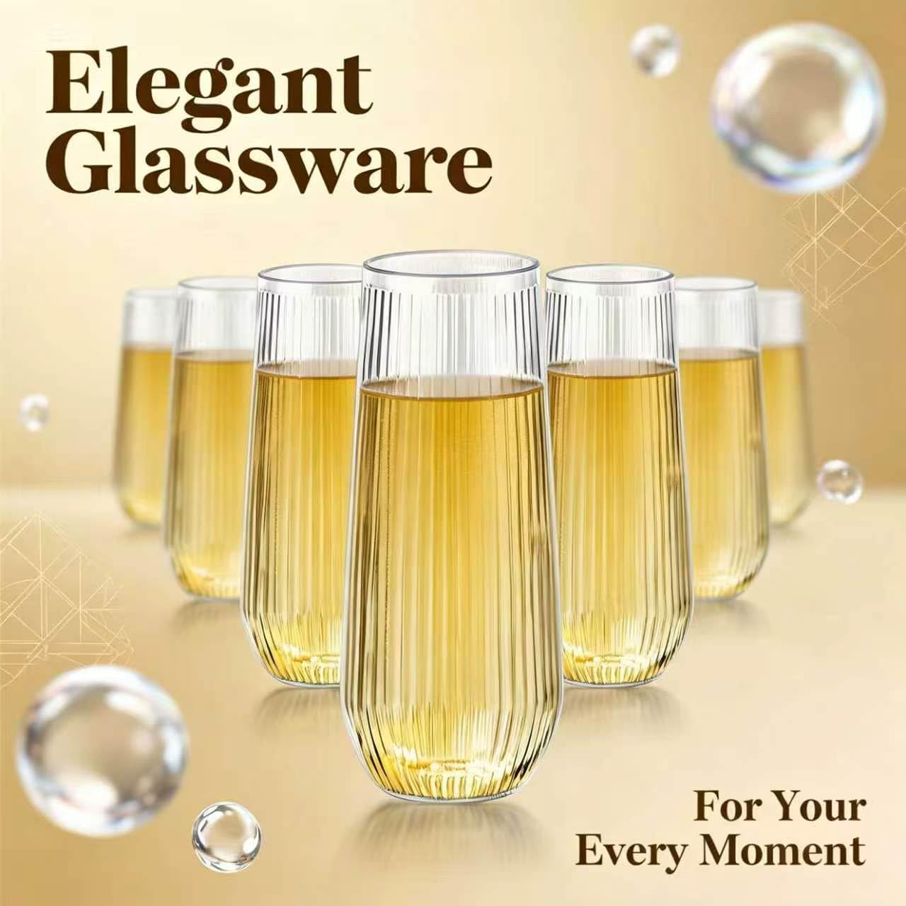 Lueumxc 48 Pack Ribbed Plastic Champagne Flutes, 9 Oz Stemless Disposable Clear Plastic Toasting Glasses Shatterproof Recyclable and BPA-Free Perfect For Wedding