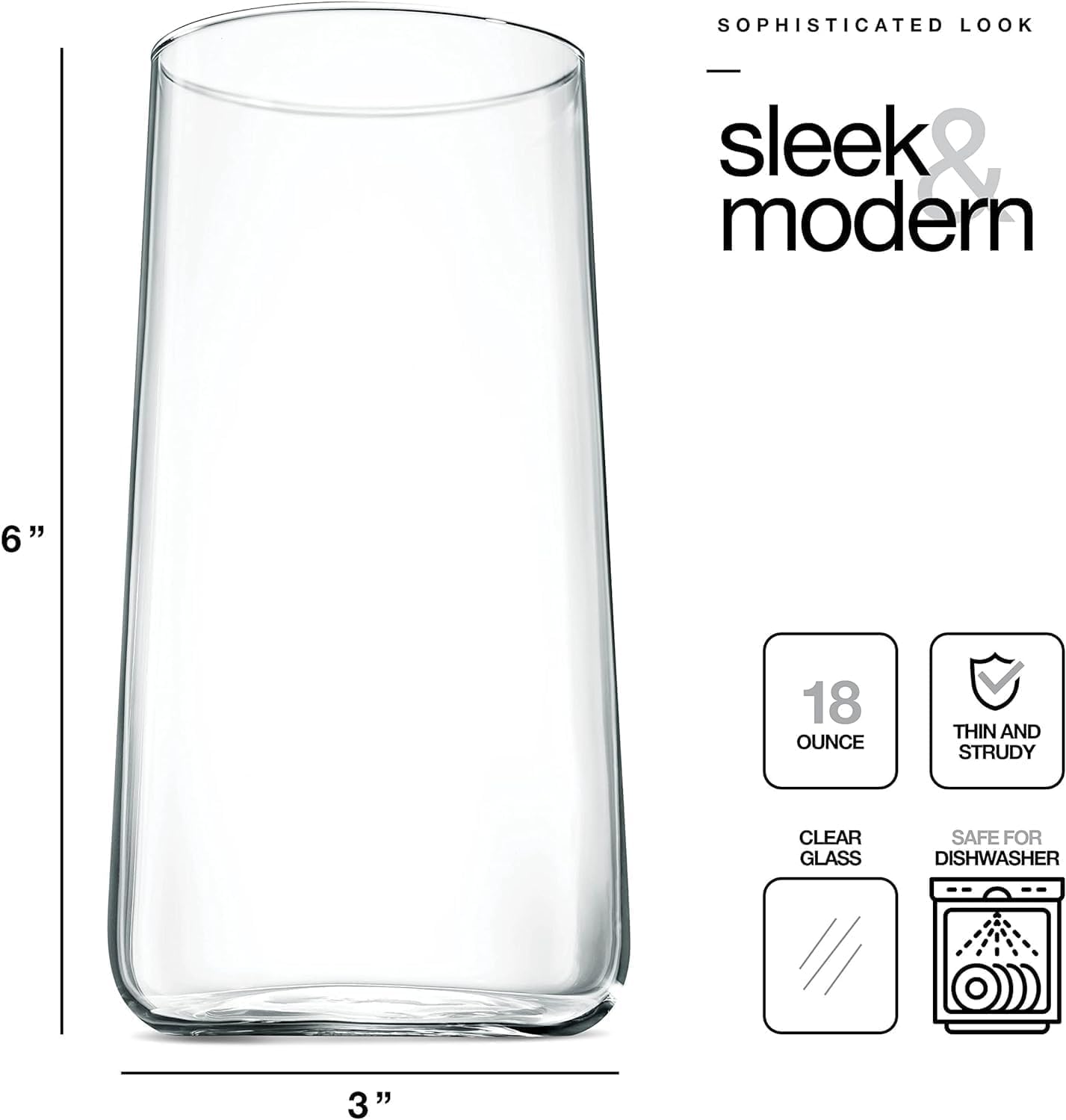 BENETI Modern Tall Drinking Glasses Set of 6 | Handmade In Europe | 18oz Premium Highball Crystal Glass Cups for Water and Juice