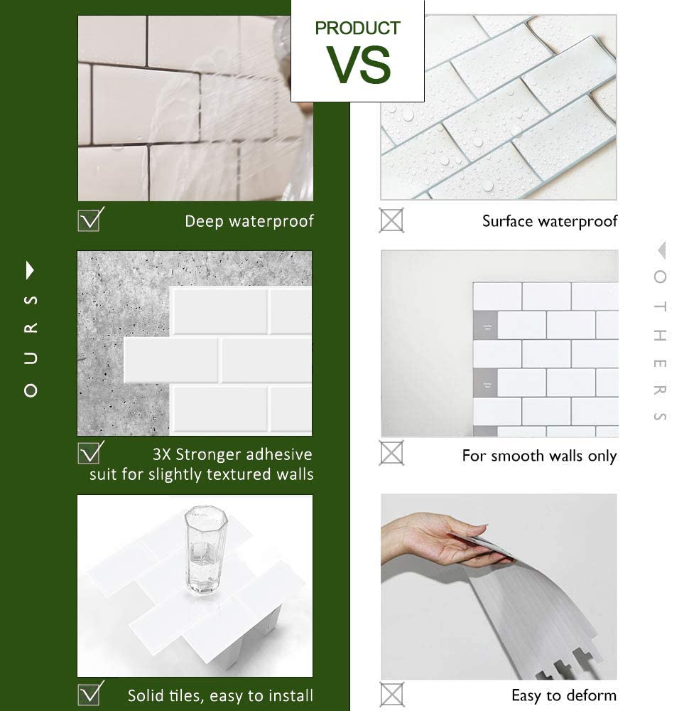 STICKGOO 10-Sheet Backsplash Peel and Stick Subway Tile, Self Adhesive Vinyl Wall Tiles, Stick on Backsplash for Kitchen and Bathroom(Thicker Design, White with White Grout)