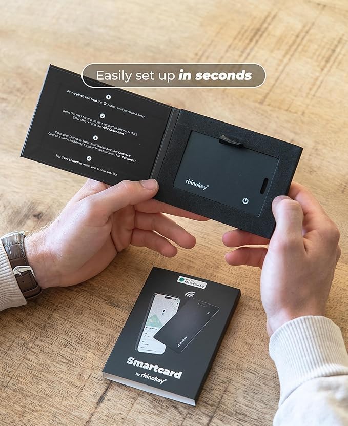 Rhinokey Apple MFi Certified Wallet Tracker Card Works with Apple Find My (iOS Only) Slim 0.07in Rechargeable IP68 Waterproof Tracker Item Finder AirTag Card with Keychain Hole Mens Valentines Gifts