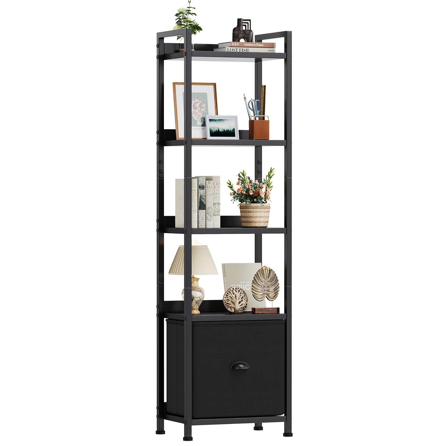 DUMOS 5 Tier Bookshelf with Fabric Drawer, Tall Industrial Bookcase, Narrow Display Standing Shelf, Wood and Metal Storage Shelf Organizer in Bedroom, Living Room, Modern Black