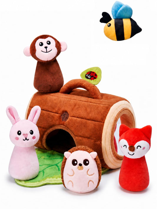 CuteZone Baby Toys 6-12 Months, Stuffed Animals for Babies, Soft Plush Forest Sensory Toy Set with Rattle, Crinkle, Mirror and Tree Stump Storage, Cause and Effect Baby Toy