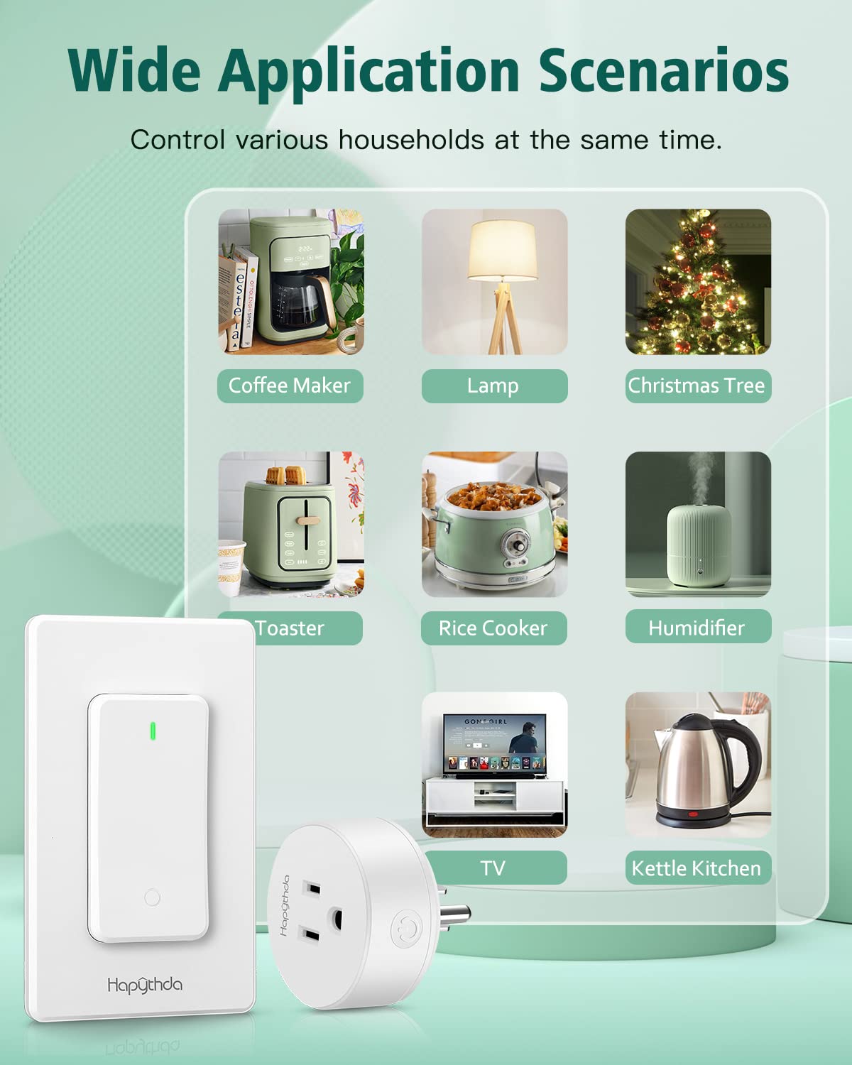 HAPYTHDA Remote Control Outlet, Wireless Wall Mounted Light Switch, 15A/1500W Remote Outlet for Light & Small Electrical Appliance, 300 Feet RF Range, Anti-Surge 4000V, 1 Remote and 2 Outlets
