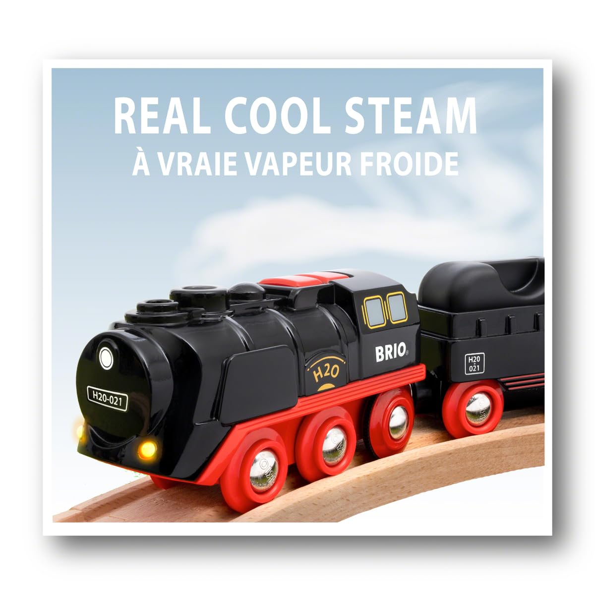 BRIO World Battery-Operated Steaming Train - 3-Piece Motorized Train Engine for Wooden Track with Lights and Kid-Friendly Steam - Interactive Play with Forward/Reverse - for Kids 3 & Up