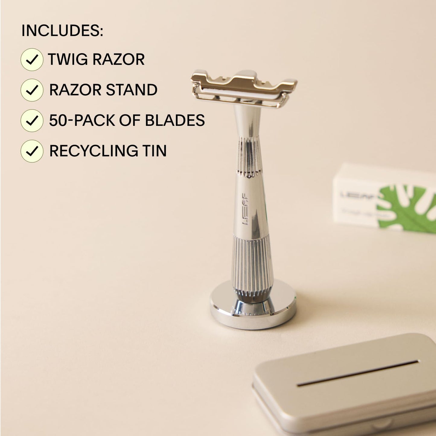 Leaf Shave | The Twig Razor Set, Chrome - Includes 1x Twig Razor, 1x Matching Stand, 1x 50-Pack of Single-Edge Blade Refills, and 1x Razor Blade Bank