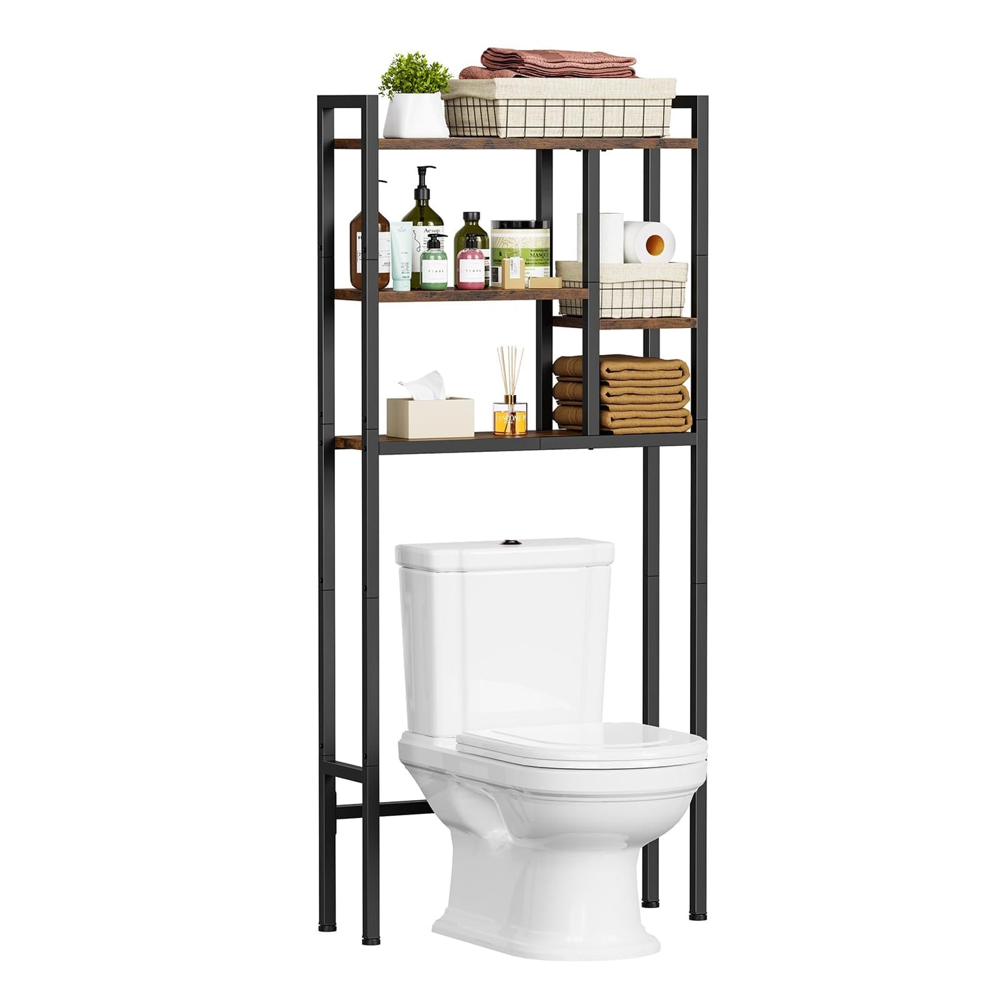 Asgolion Over-The-Toilet Storage Rack, 3-Tier Bathroom Shelves Over Toilet, Above Toilet Storage, Behind Toilet Bathroom Organizer, Space Saver, Freestanding, Rustic Brown