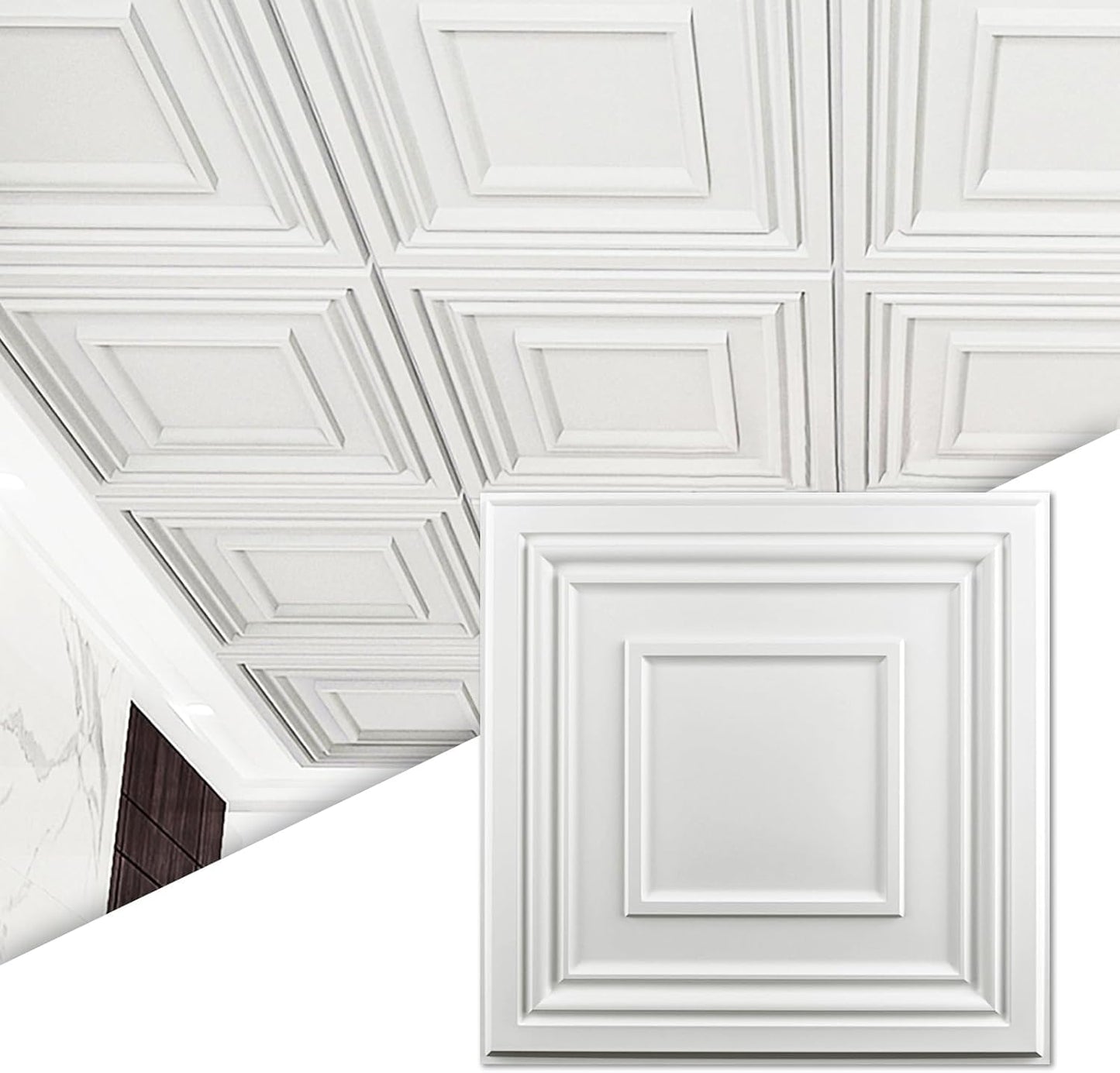 Art3d Drop Ceiling Tiles 24x24 Inch (12-Pack, 48 Sq.ft) – Glue Up PVC Ceiling Tiles 2x2 Ft., Decorative Ceiling Panels for Kitchen, Living Room, Office and Home, White
