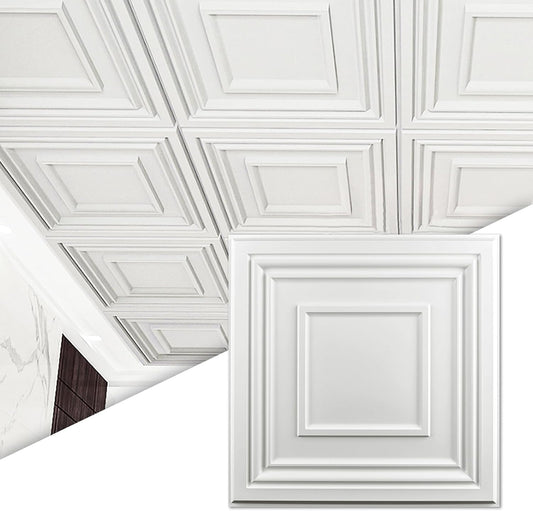 Art3d Drop Ceiling Tiles 24x24 Inch (12-Pack, 48 Sq.ft) – Glue Up PVC Ceiling Tiles 2x2 Ft., Decorative Ceiling Panels for Kitchen, Living Room, Office and Home, White