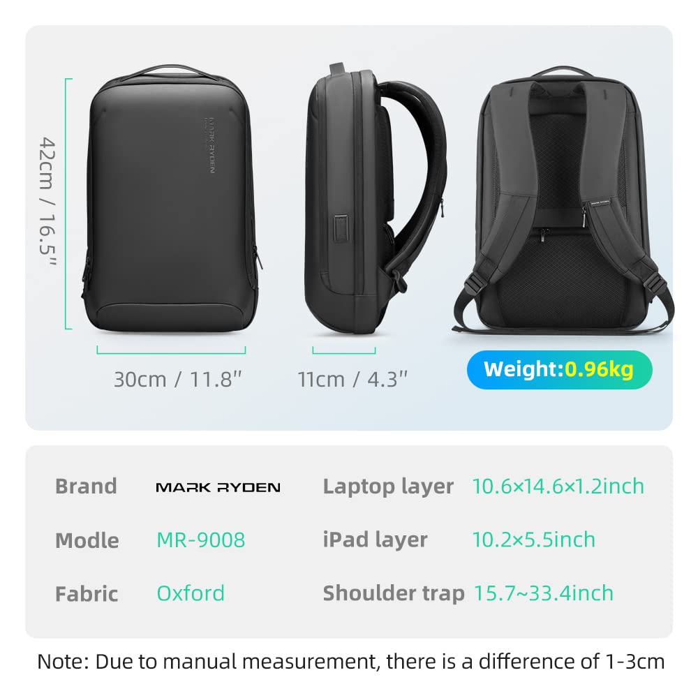 MARK RYDEN Slim Laptop Backpack for Men, High Tech Backpack with Scratch Resistant Shell and USB Charging Port, Waterproof Business Backpack Ideal for Working, Commuting, Daily (20L for 15.6" Laptop)