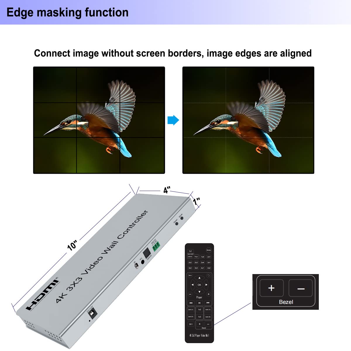 4K 3x3 Video Wall Controller, 9 Channel HDMI 1.4 Splitter, with Out Audio, Remote Control & RS232, Button Press, Support 1x1 1x6 2x1 6x1 2x2 3x3 2x4 Modes, Cascade 3x4 4x3 4x4