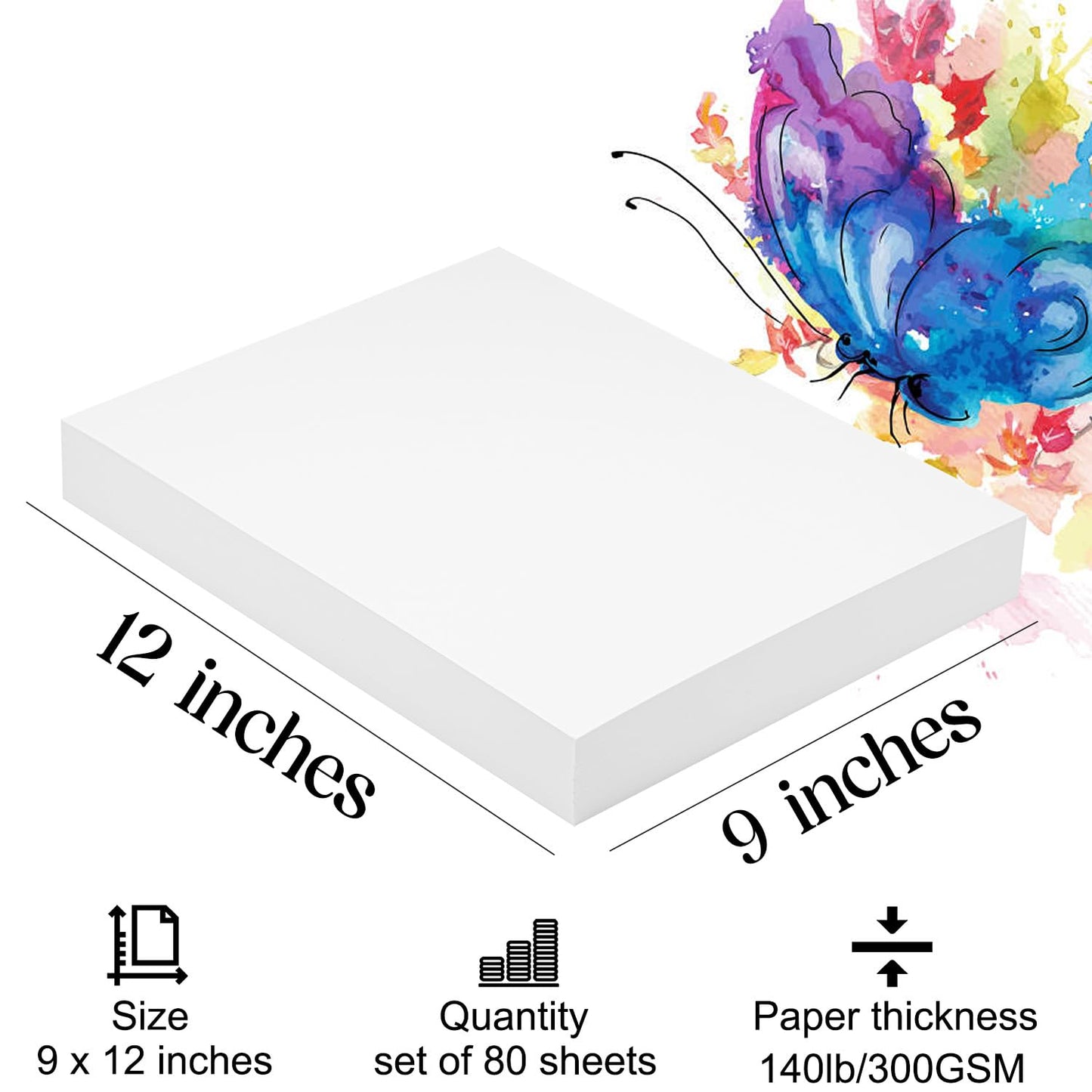 Watercolor Paper 9x12 inches 80 Sheets,Heavyweight Artist Paper 140lb/300GSM Cold Press Natural Cotton Paper for Students Artists Watercolor Drawing