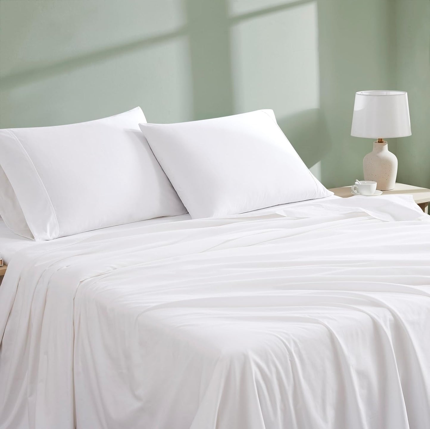 Linen Closet 4Pc 100% Organic Cotton King Size Sheets Set, Arctic White, 300 Thread Count, Percale Weave, Up To 18" Deep Pocket Fitted Sheet, Cooling & Breathable Bed Sheets Set, Juego De Sábanas King