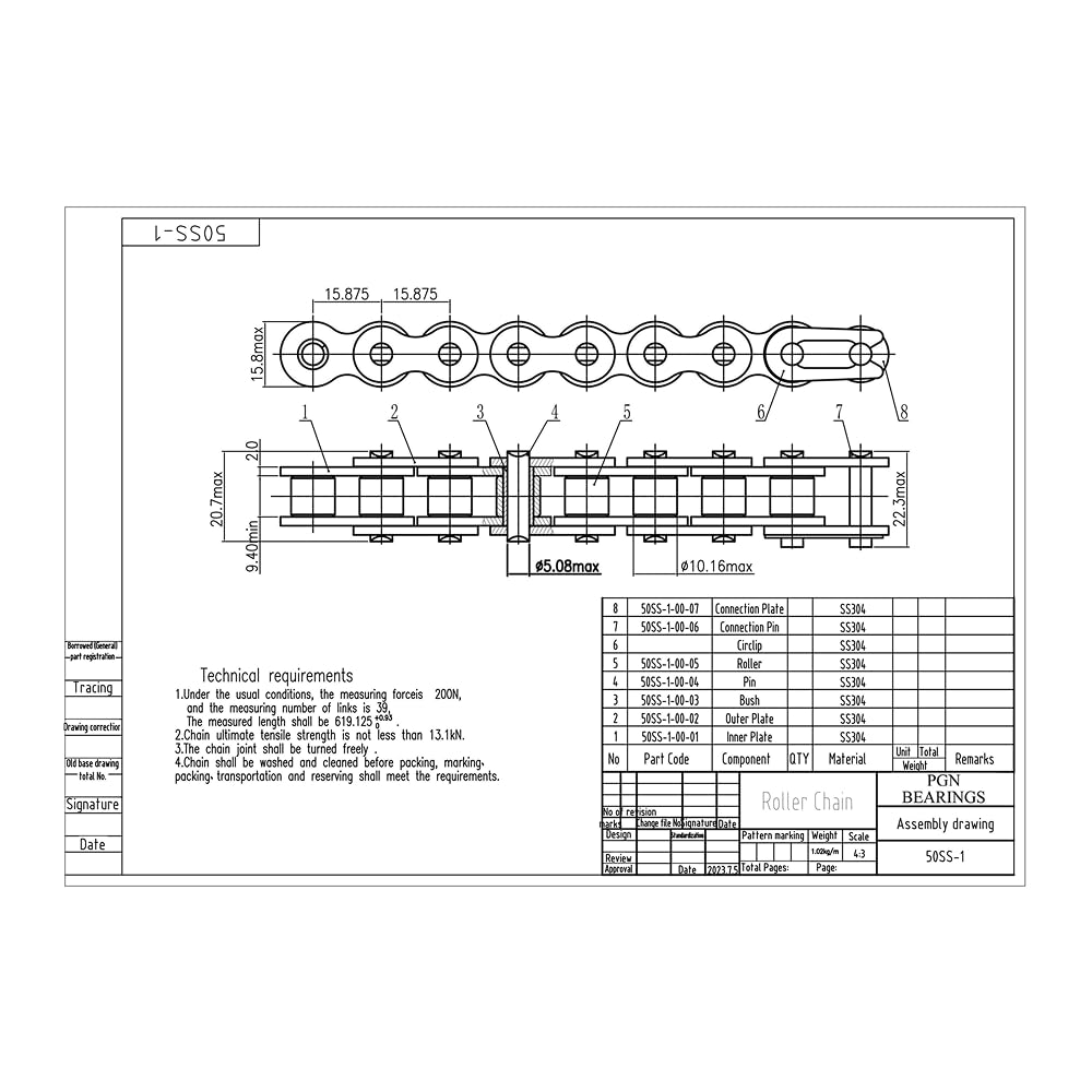 PGN #50 Stainless Steel Roller Chain - 10 Feet + 2 Free Connecting Links - #50SS - Stainless Steel Chain - 191 Links
