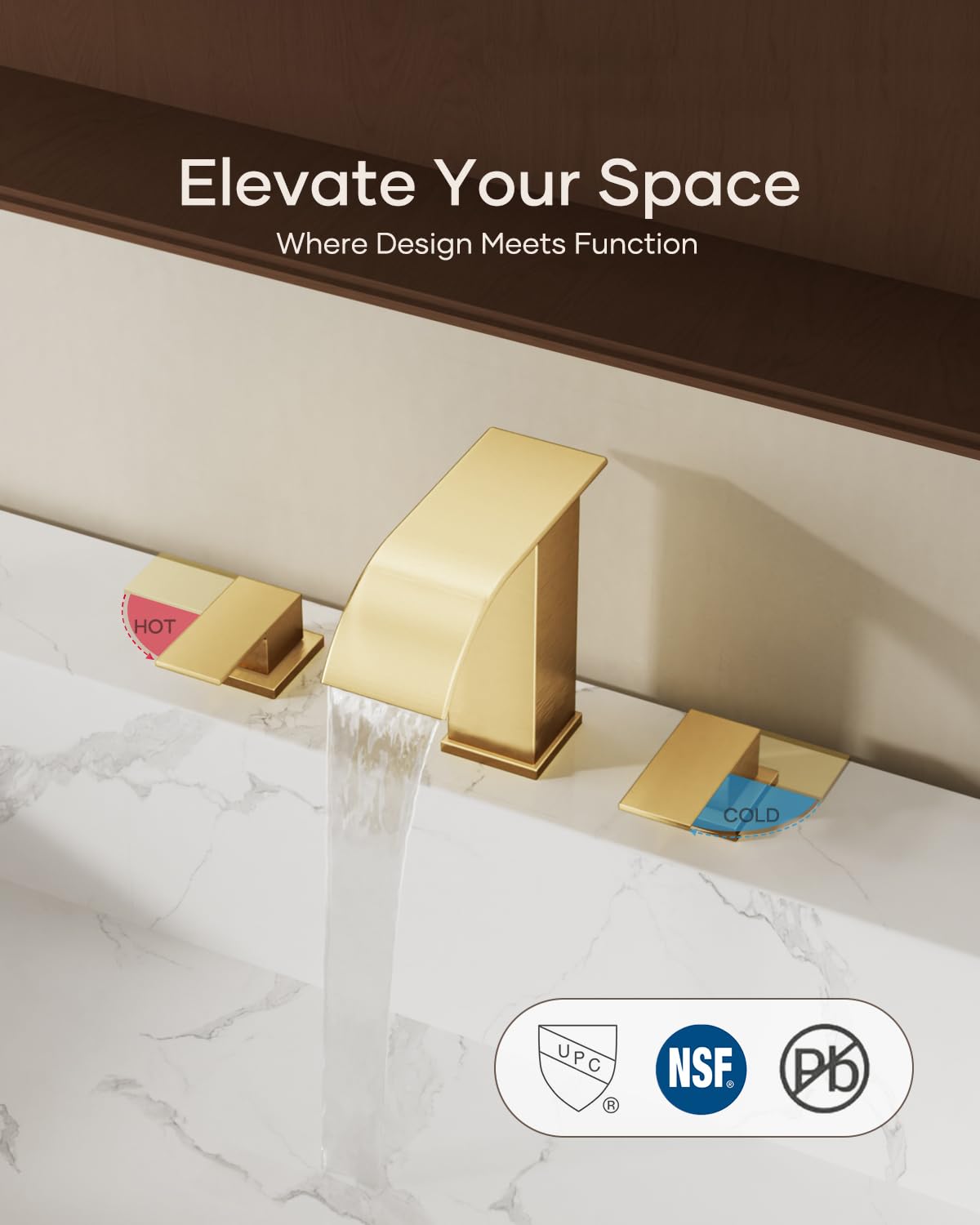 AVSIILE Waterfall Bathroom Faucet 3 Hole, Brushed Gold 8 Inch Widespread Modern 3 Piece Bathroom Sink Faucet, Touch On Lavatory Faucet for Vanity RV Restroom, Curved Spout